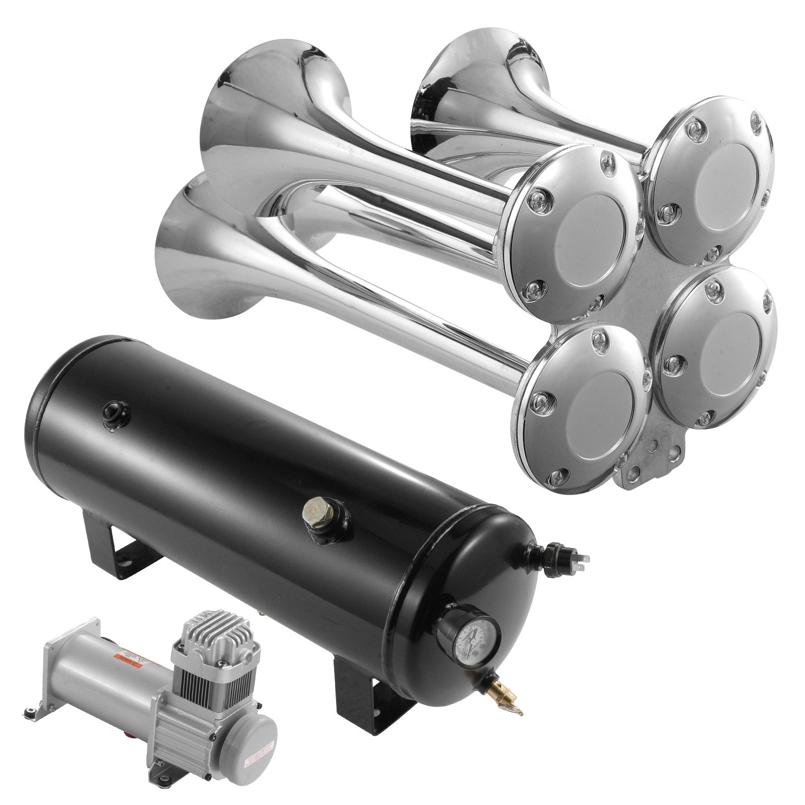 VEVOR Train Horns Kit, 4 Trumpet Air Horn Kit, 150dB Train Horns for Pickup Trucks, 12V 160 psi Air Compressor 2.6 Gal/10 L Tank with Gauge for Any 12V Vehicle Car Truck Train Van Boat
