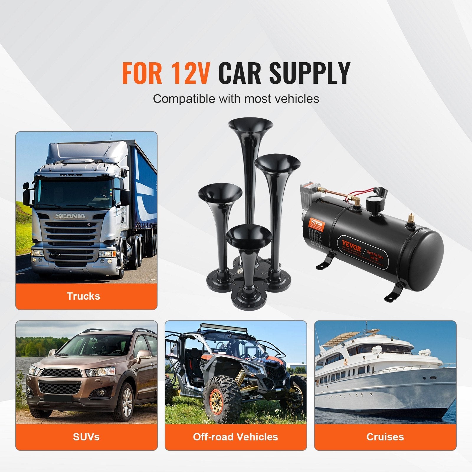 VEVOR Train Horns Kit, 4 Trumpet Air Horn Kit, 150dB Train Horns for Pickup Trucks, 12V 120 psi Air Compressor 0.8 Gal/3 L Tank with Gauge for Any 12V Vehicle Car Truck Train Van Boat