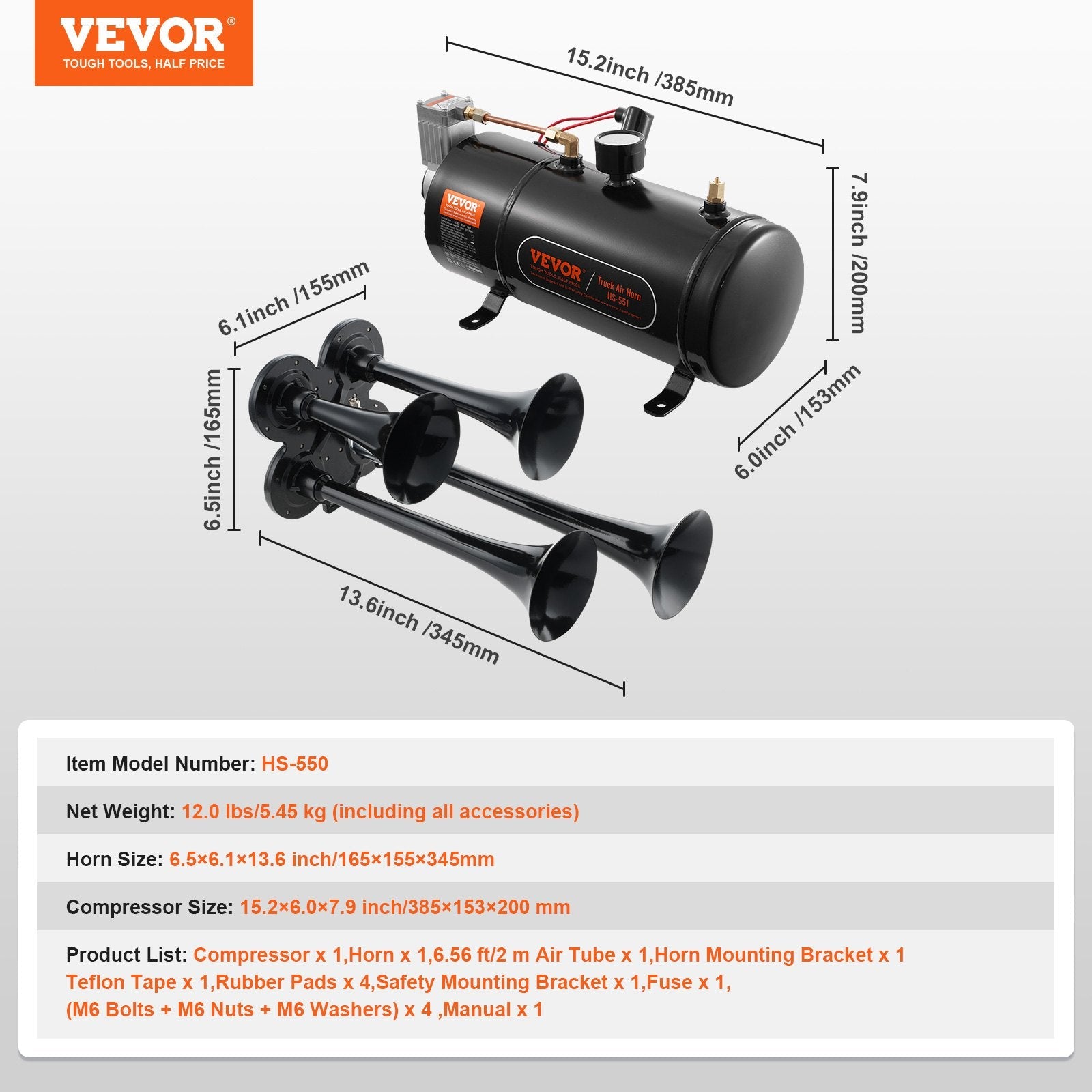 VEVOR Train Horns Kit, 4 Trumpet Air Horn Kit, 150dB Train Horns for Pickup Trucks, 12V 120 psi Air Compressor 0.8 Gal/3 L Tank with Gauge for Any 12V Vehicle Car Truck Train Van Boat