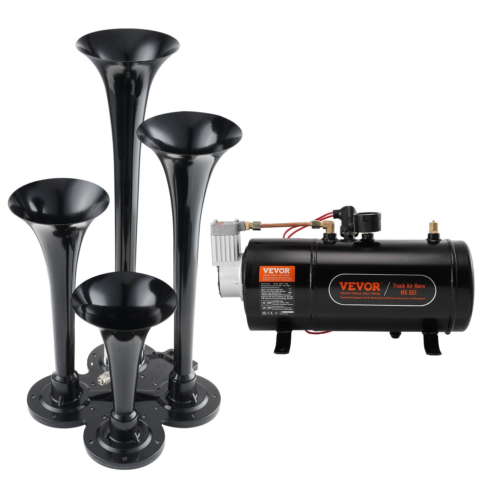 VEVOR Train Horns Kit, 4 Trumpet Air Horn Kit, 150dB Train Horns for Pickup Trucks, 12V 120 psi Air Compressor 0.8 Gal/3 L Tank with Gauge for Any 12V Vehicle Car Truck Train Van Boat