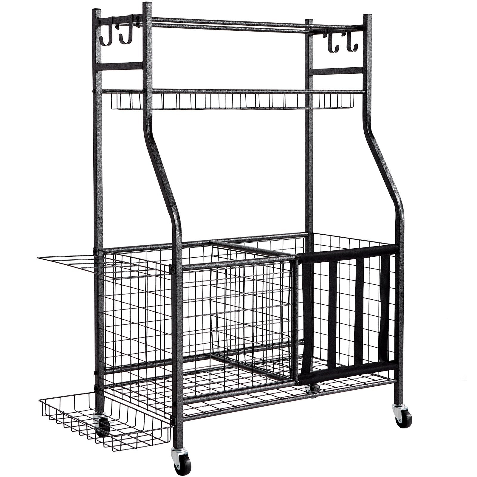 VEVOR Sports Equipment Garage Organizer, Rolling Ball Storage Cart on Wheels, Basketball Rack with Baskets & Hooks, Indoor/Outdoor Sports Gear and Toys Storage, Steel Sports Equipment Organizer, Black