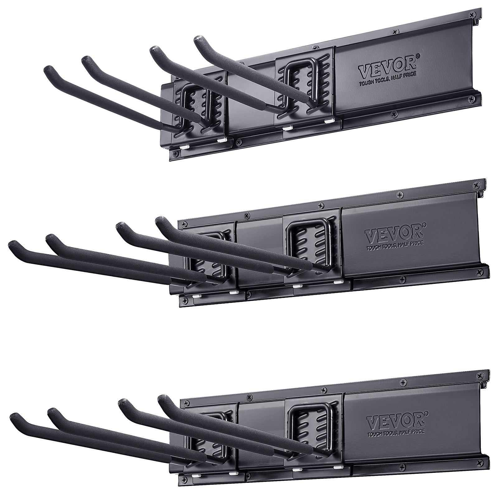 VEVOR Garage Tool Organizer, 600 lbs Max Load Capacity, Wall Mount Yard Garden Storage Rack Organization Heavy Duty with 6 Adjustable Hooks and 3 Rails, for Garden Tools, Shovels, Trimmers, and Hoses