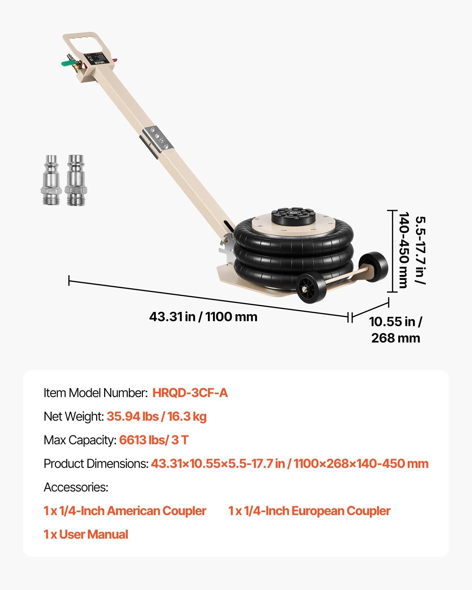 VEVOR Air Jack, 3 Ton/6613 lbs Triple Bag Air Jack, Airbag with Six Steel Pipes, Lift Up to 17.7 inch/450 mm, 1-6 s Fast Lifting Pneumatic with Adjustable Long Handle for Car, SUV, Pickup Truck Repair
