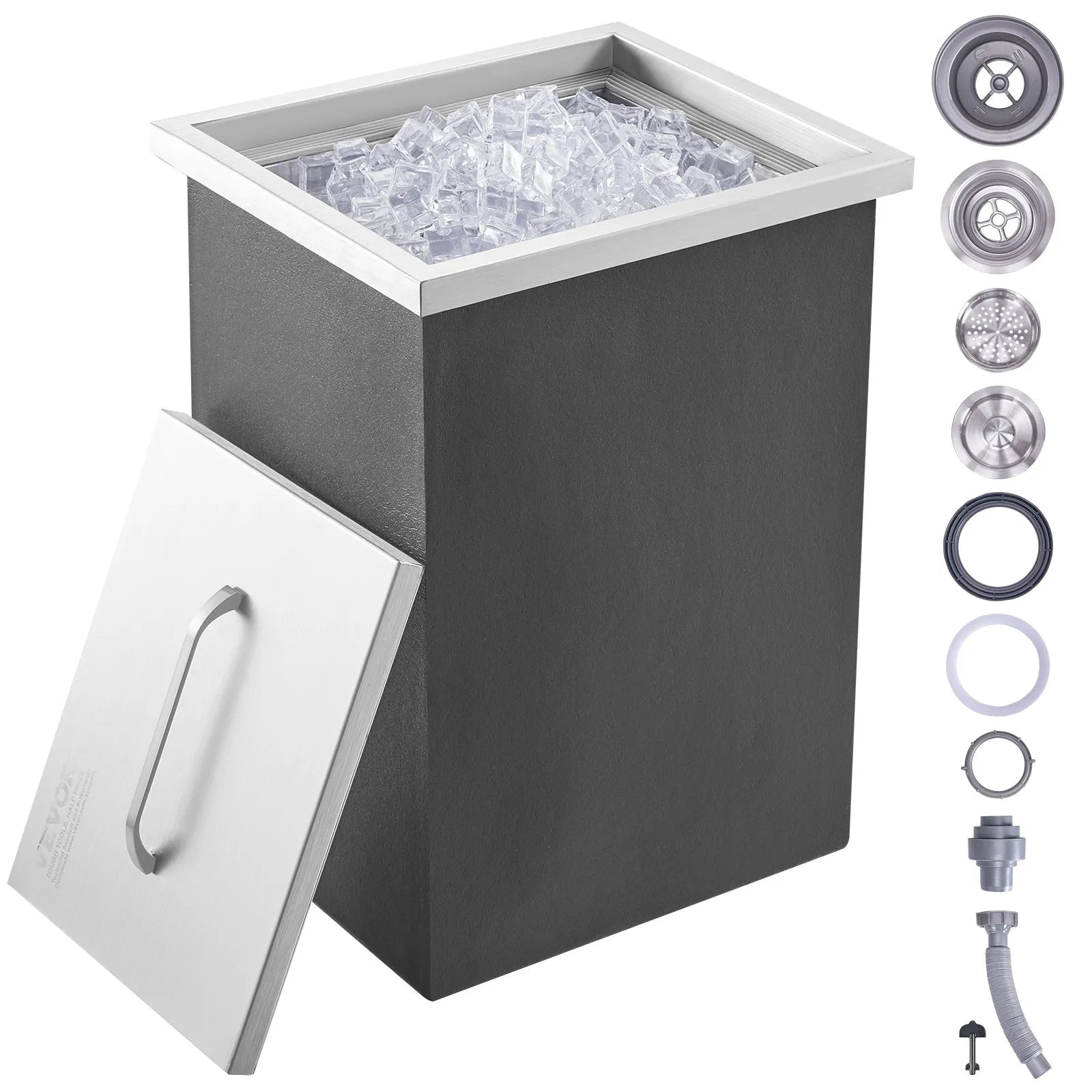 VEVOR Drop in Ice Chest, 14"L x 12"W x 18"H Stainless Steel Ice Cooler, Commercial Ice Bin with Cover, 40 qt Outdoor Kitchen Ice Bar, Drain-pipe and Drain Plug Included, for Cold Wine Beer