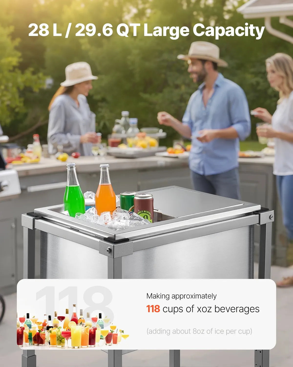 VEVOR Rolling Ice Chest Cooler Cart, 20"L x 14"W x 38"H Stainless Steel Cooling Bin on Wheels, 29.6 Quart Outdoor Stand Up Cooler Trolley with Shelf, for Patio Backyard Party Bar Cold Drinks