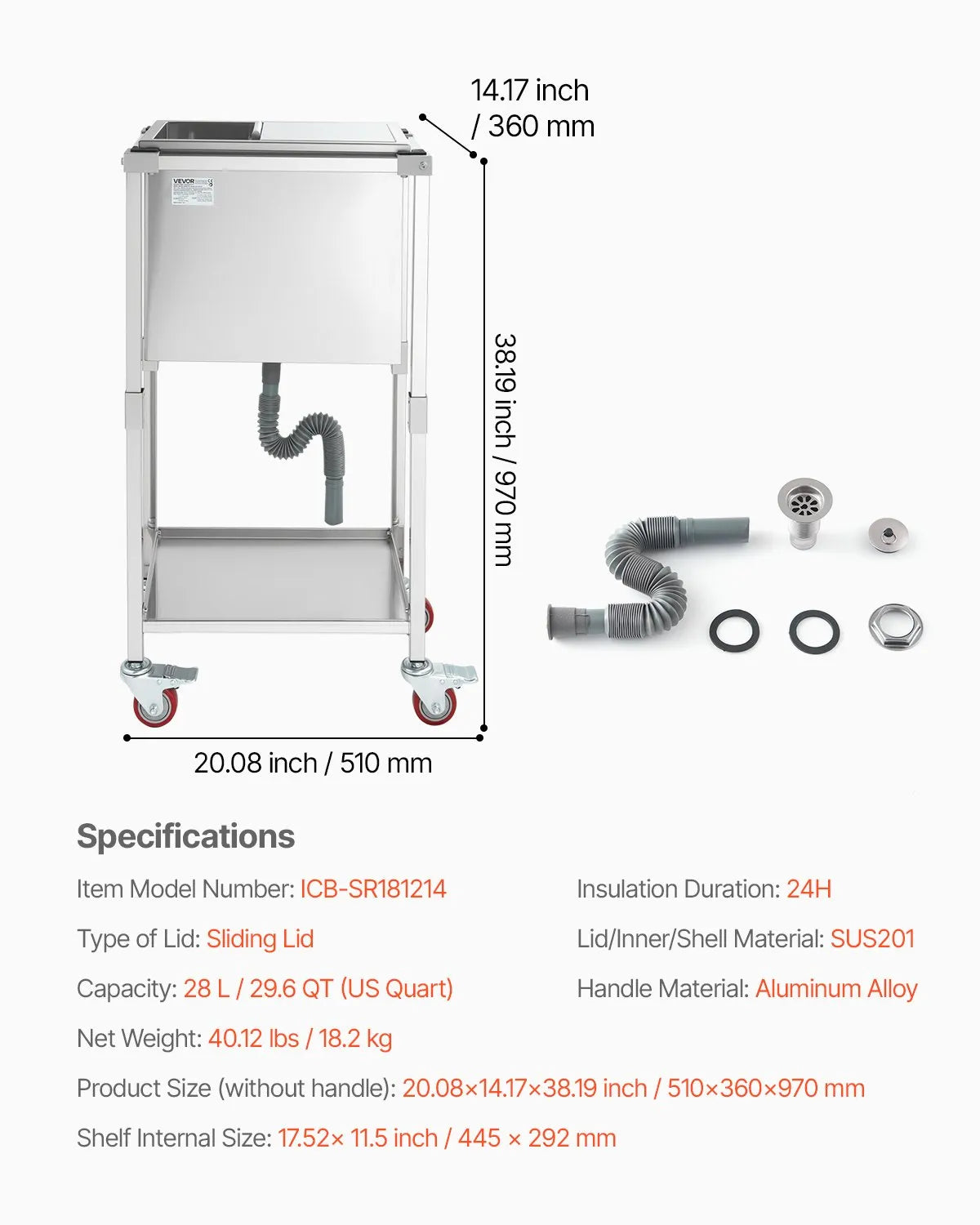VEVOR Rolling Ice Chest Cooler Cart, 20"L x 14"W x 38"H Stainless Steel Cooling Bin on Wheels, 29.6 Quart Outdoor Stand Up Cooler Trolley with Shelf, for Patio Backyard Party Bar Cold Drinks