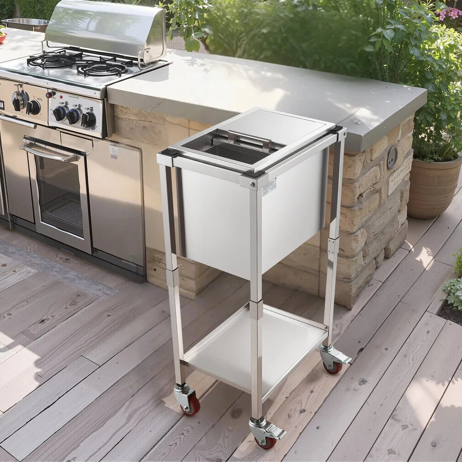 VEVOR Rolling Ice Chest Cooler Cart, 20"L x 14"W x 38"H Stainless Steel Cooling Bin on Wheels, 29.6 Quart Outdoor Stand Up Cooler Trolley with Shelf, for Patio Backyard Party Bar Cold Drinks