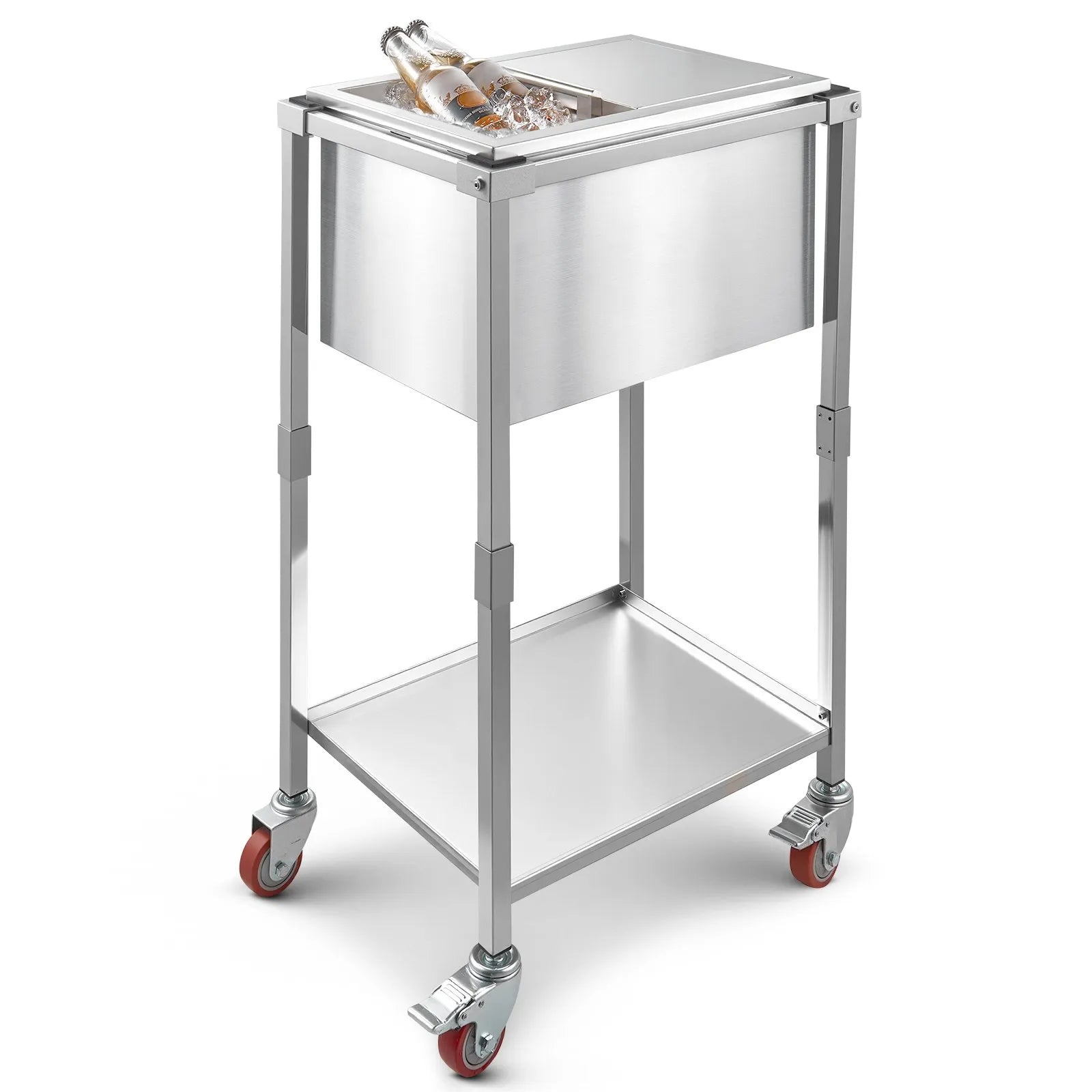 VEVOR Rolling Ice Chest Cooler Cart, 20"L x 14"W x 38"H Stainless Steel Cooling Bin on Wheels, 29.6 Quart Outdoor Stand Up Cooler Trolley with Shelf, for Patio Backyard Party Bar Cold Drinks