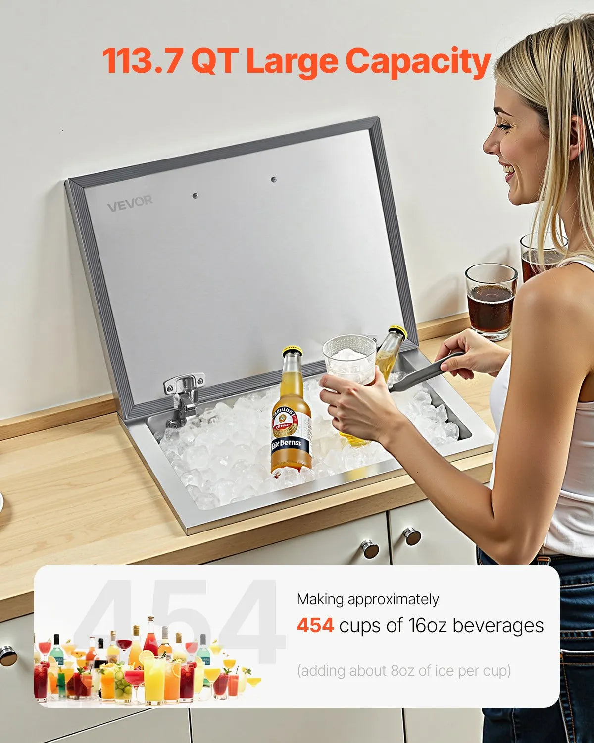 VEVOR Drop in Ice Chest, 28"L x 20"W x 17"H Stainless Steel Drop in Cooler, 113.7 Quart Commercial Ice Bin with Flip Lid for Outdoor Kitchen Patio Bar, Drain-pipe Set Included, for Cold Wine Beer