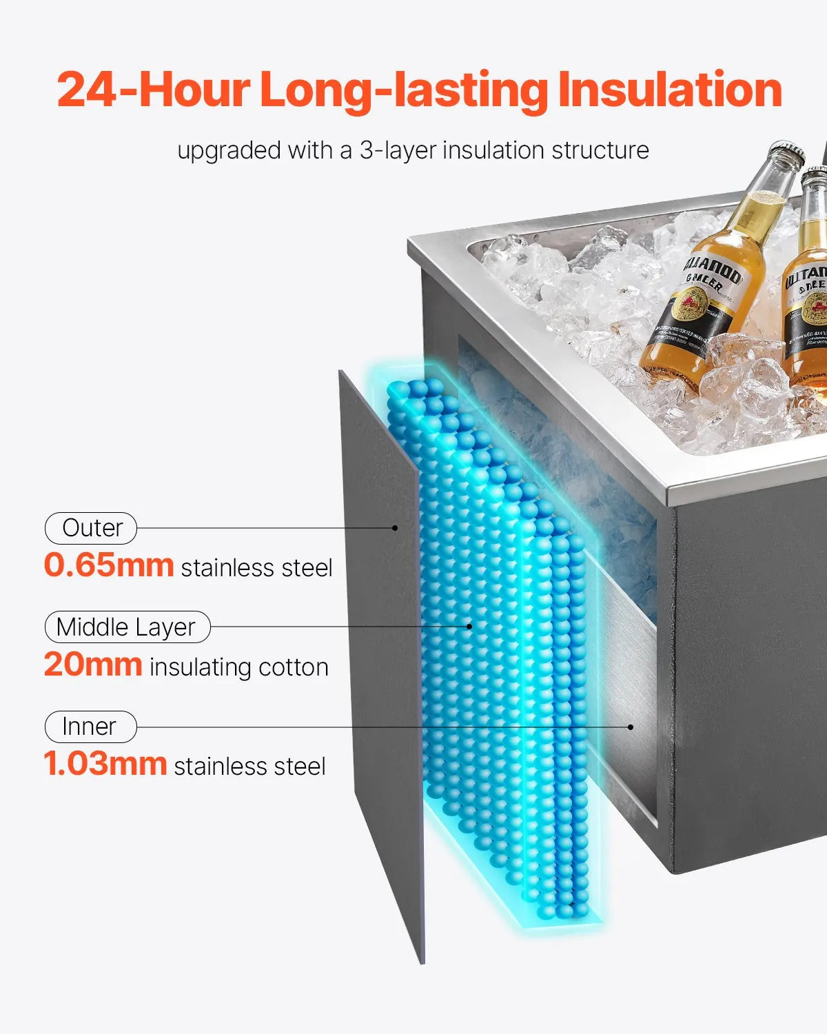 VEVOR Drop in Ice Chest, 28"L x 20"W x 17"H Stainless Steel Drop in Cooler, 113.7 Quart Commercial Ice Bin with Flip Lid for Outdoor Kitchen Patio Bar, Drain-pipe Set Included, for Cold Wine Beer