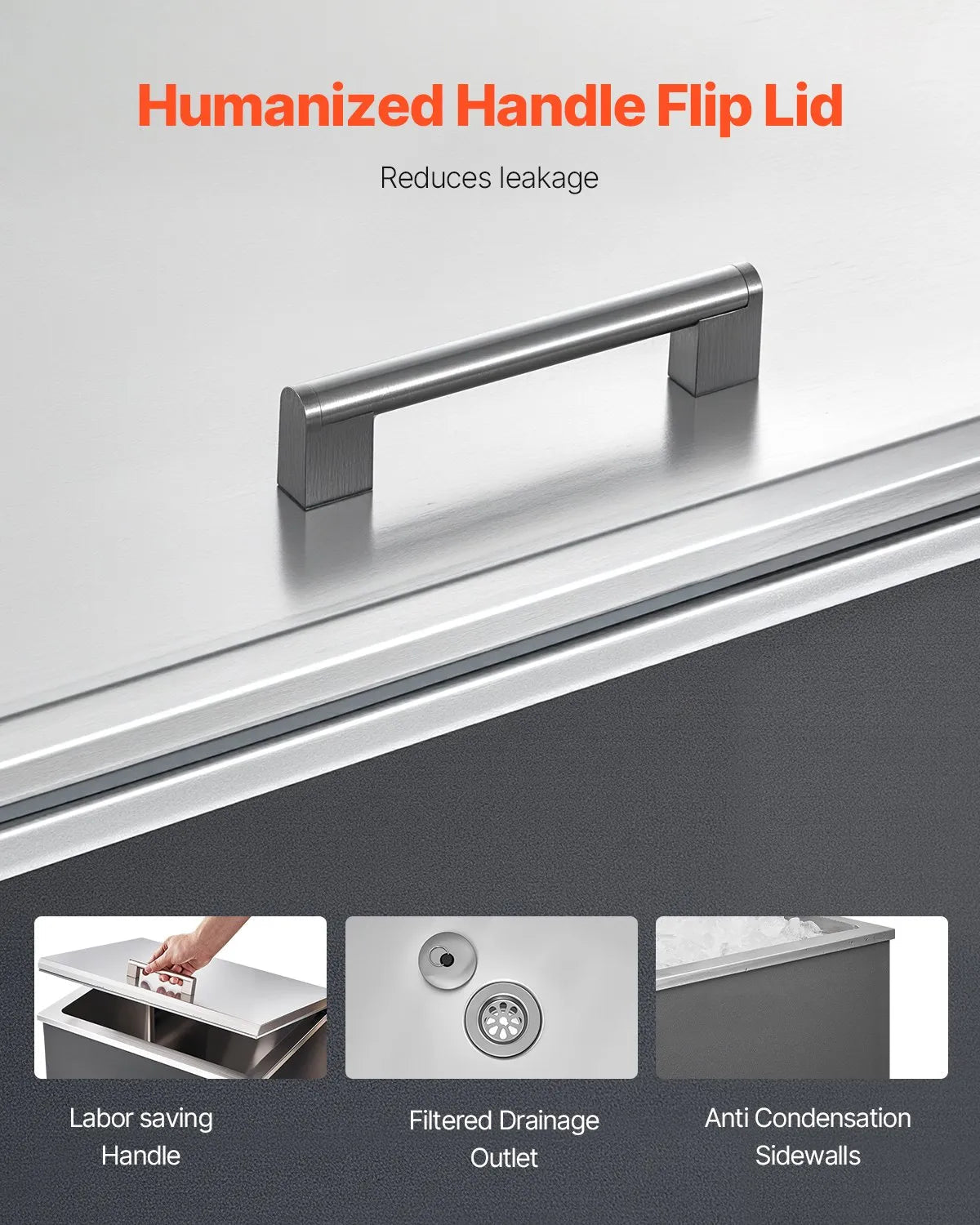 VEVOR Drop in Ice Chest, 28"L x 20"W x 17"H Stainless Steel Drop in Cooler, 113.7 Quart Commercial Ice Bin with Flip Lid for Outdoor Kitchen Patio Bar, Drain-pipe Set Included, for Cold Wine Beer