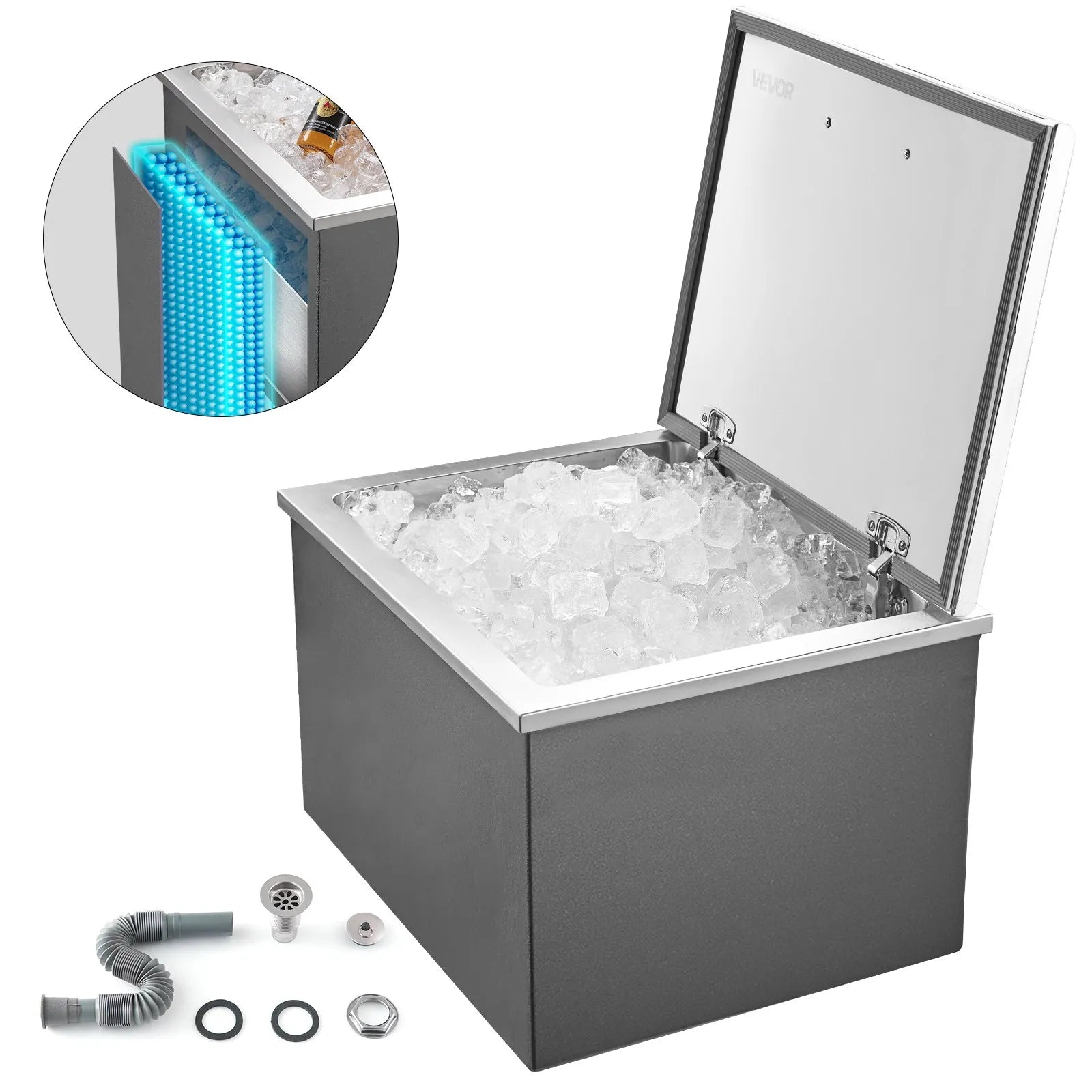 VEVOR Drop in Ice Chest, 28"L x 20"W x 17"H Stainless Steel Drop in Cooler, 113.7 Quart Commercial Ice Bin with Flip Lid for Outdoor Kitchen Patio Bar, Drain-pipe Set Included, for Cold Wine Beer