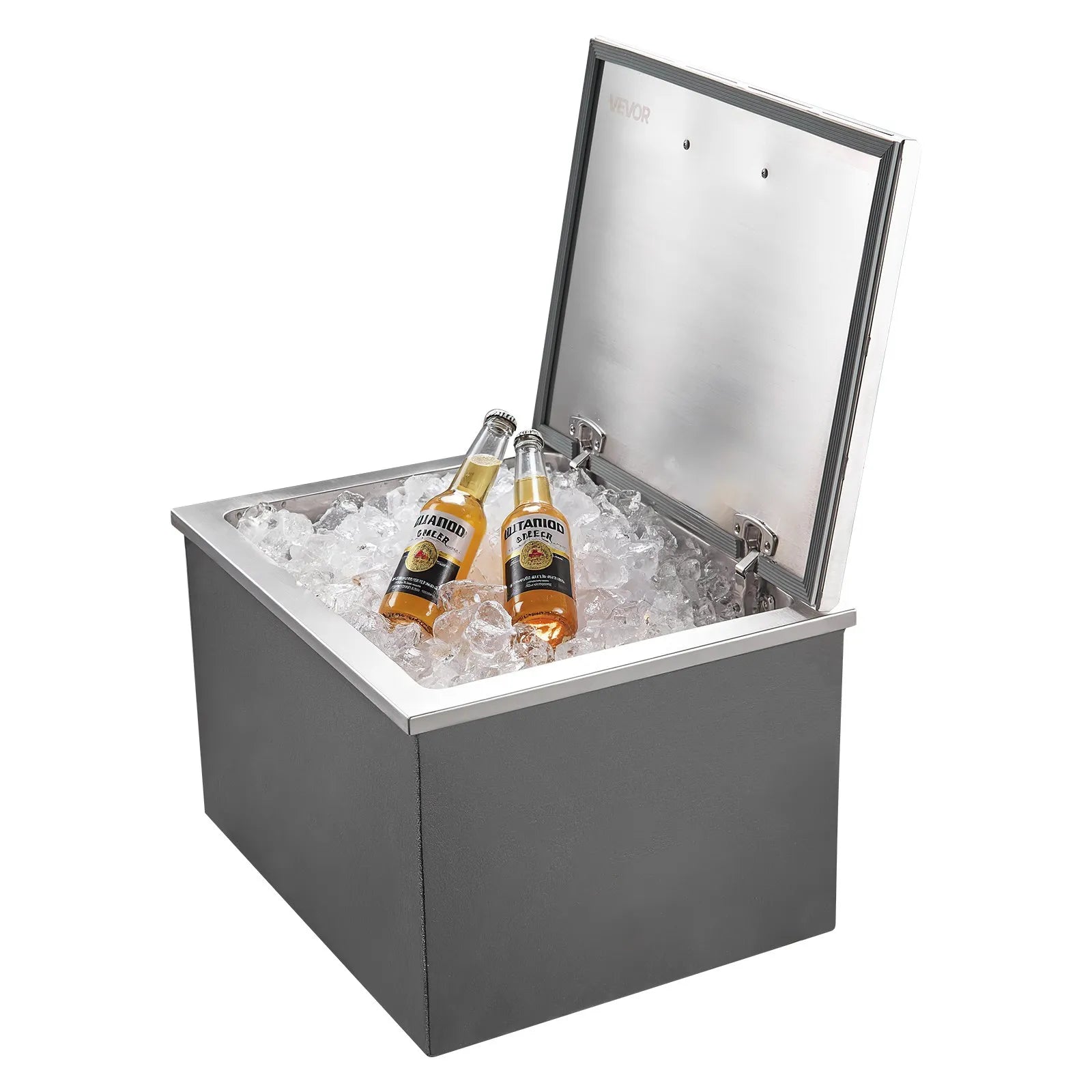 VEVOR Drop in Ice Chest, 28"L x 20"W x 17"H Stainless Steel Drop in Cooler, 113.7 Quart Commercial Ice Bin with Flip Lid for Outdoor Kitchen Patio Bar, Drain-pipe Set Included, for Cold Wine Beer