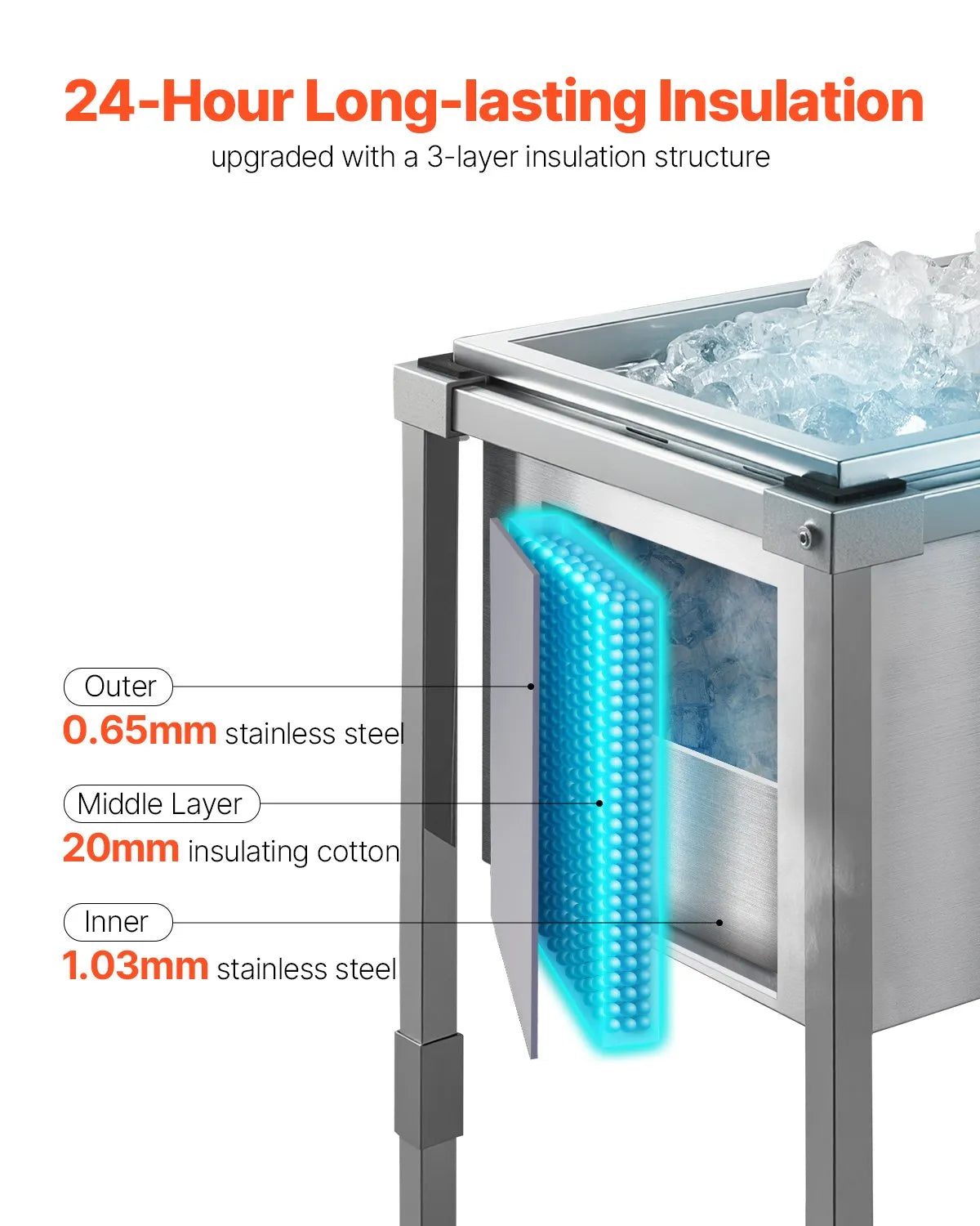 VEVOR Rolling Ice Chest Cooler Cart, 22"L x 16"W x 38"H Stainless Steel Cooling Bin on Wheels, 32.8 Quart Outdoor Stand Up Cooler Trolley with Shelf, for Patio Backyard Party Bar Cold Drinks