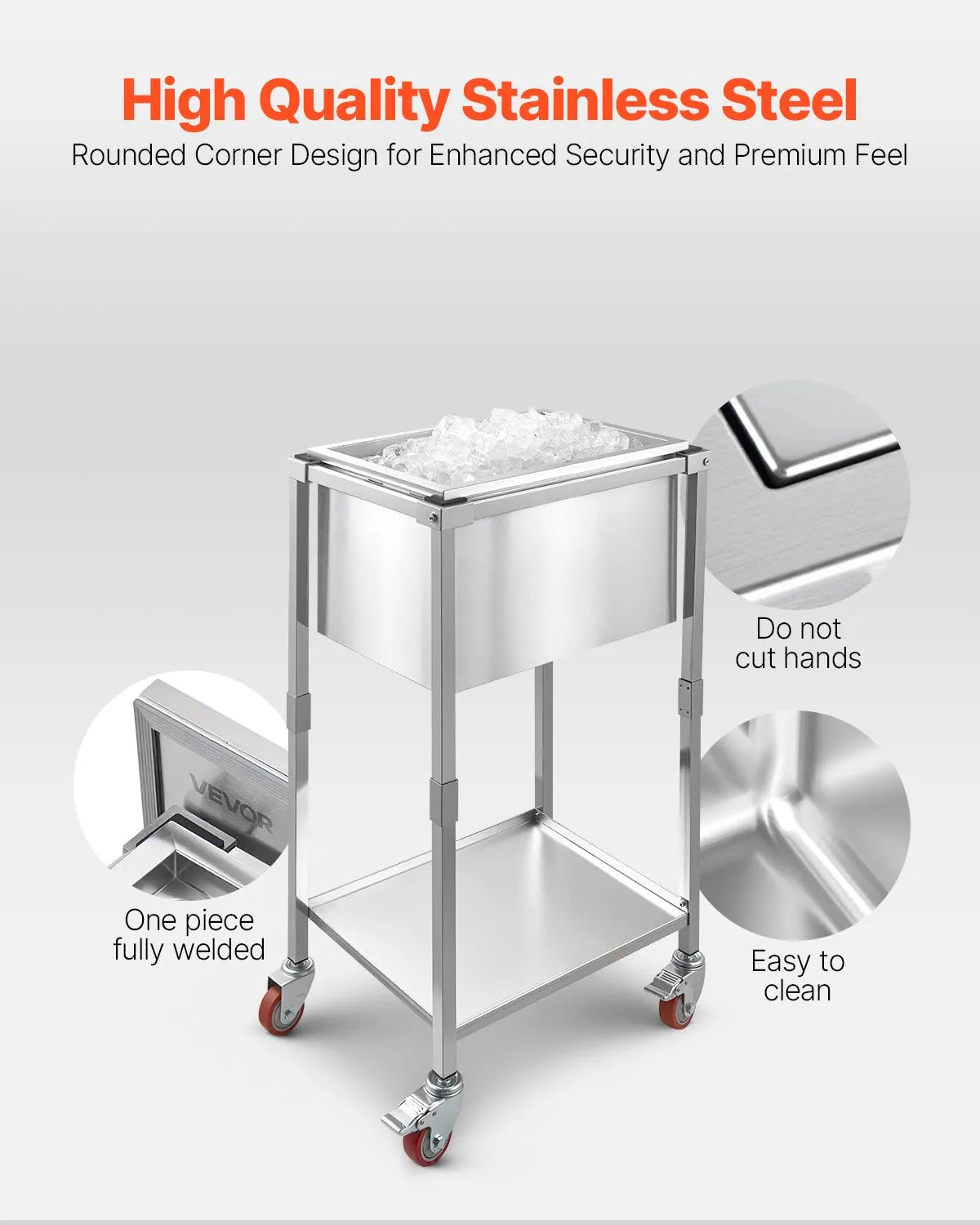 VEVOR Rolling Ice Chest Cooler Cart, 22"L x 16"W x 38"H Stainless Steel Cooling Bin on Wheels, 32.8 Quart Outdoor Stand Up Cooler Trolley with Shelf, for Patio Backyard Party Bar Cold Drinks