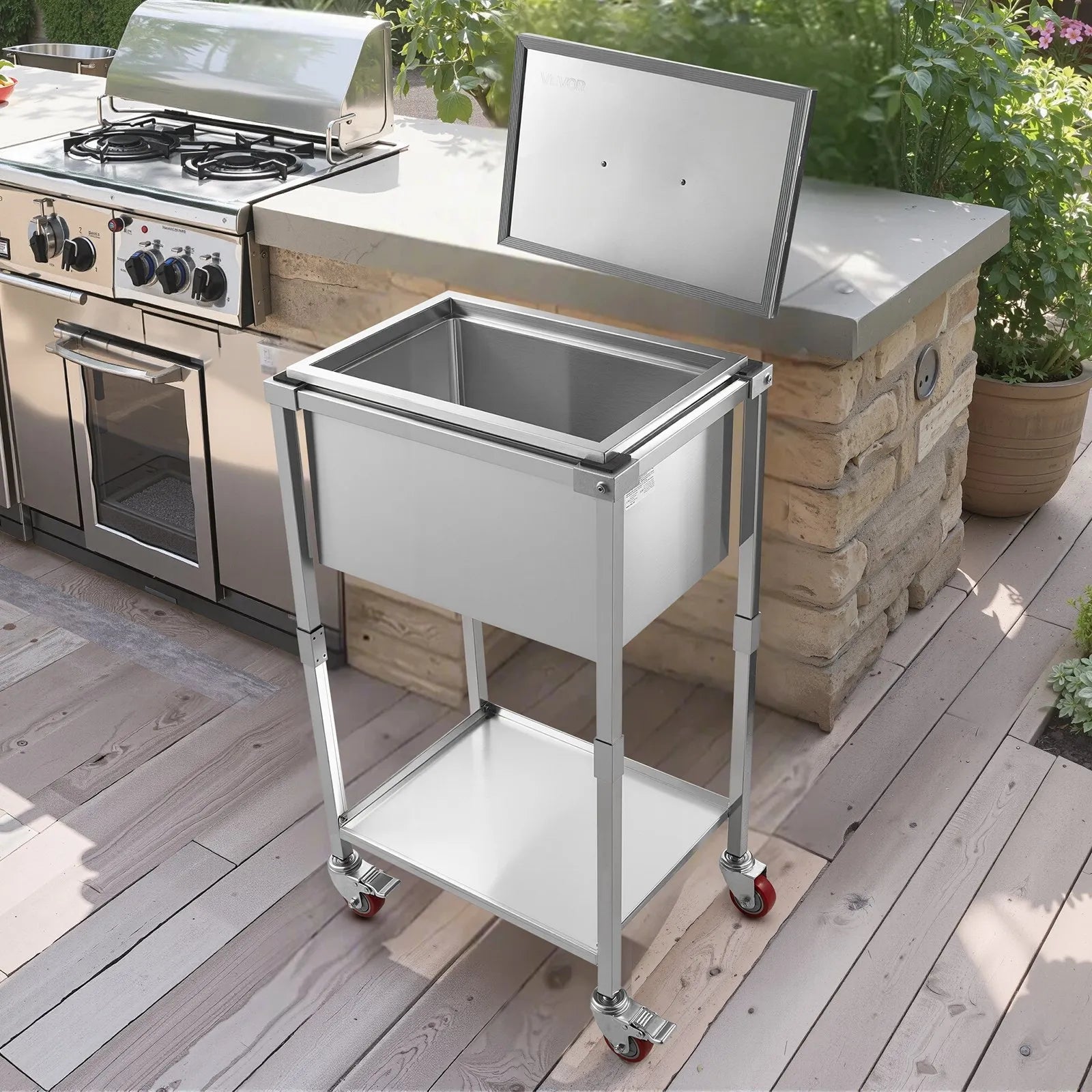 VEVOR Rolling Ice Chest Cooler Cart, 22"L x 16"W x 38"H Stainless Steel Cooling Bin on Wheels, 32.8 Quart Outdoor Stand Up Cooler Trolley with Shelf, for Patio Backyard Party Bar Cold Drinks