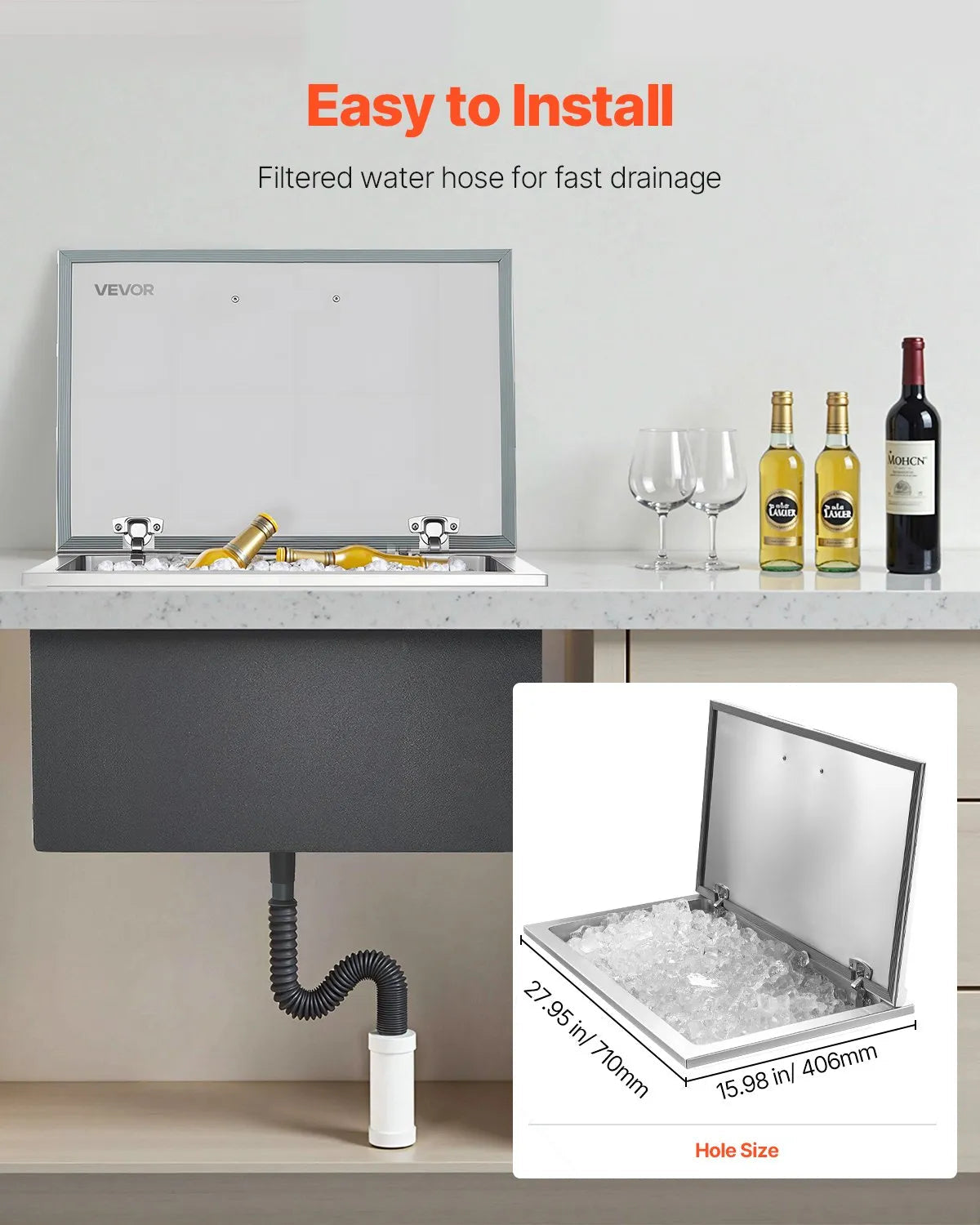 VEVOR Drop in Ice Chest, 28"L x 16"W x 17"H Stainless Steel Drop in Cooler, 87.6 Quart Commercial Ice Bin with Flip Lid for Outdoor Kitchen Patio Bar, Drain-pipe Set Included, for Cold Wine Beer