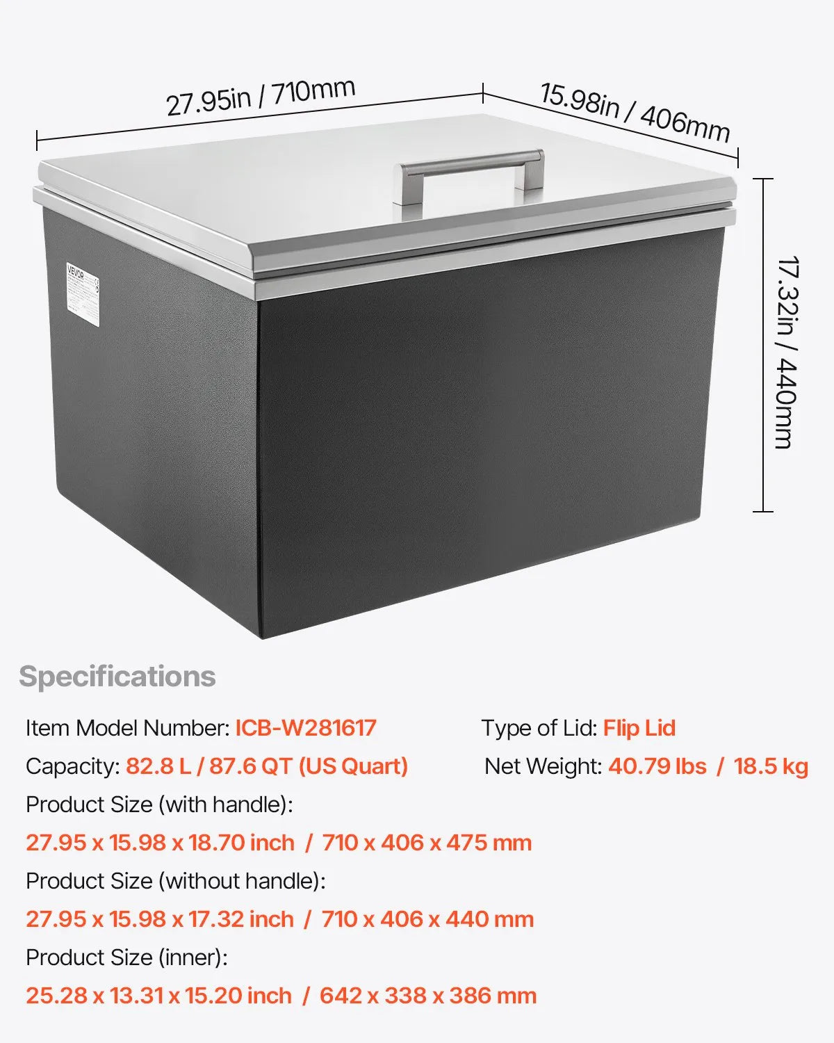 VEVOR Drop in Ice Chest, 28"L x 16"W x 17"H Stainless Steel Drop in Cooler, 87.6 Quart Commercial Ice Bin with Flip Lid for Outdoor Kitchen Patio Bar, Drain-pipe Set Included, for Cold Wine Beer