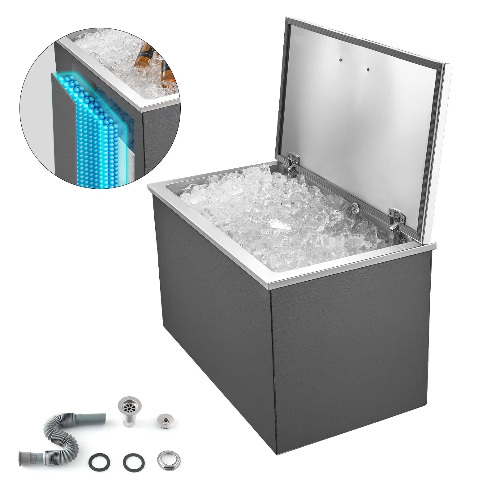 VEVOR Drop in Ice Chest, 28"L x 16"W x 17"H Stainless Steel Drop in Cooler, 87.6 Quart Commercial Ice Bin with Flip Lid for Outdoor Kitchen Patio Bar, Drain-pipe Set Included, for Cold Wine Beer