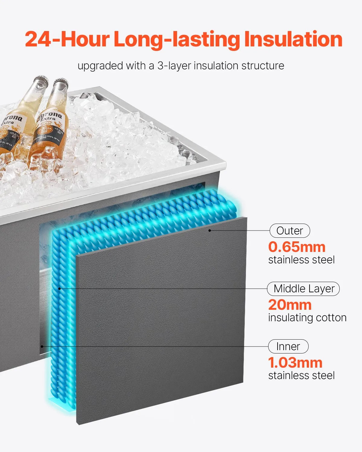 VEVOR Drop in Ice Chest, 22"L x 17"W x 12"H Stainless Steel Drop in Cooler, 45.3 Quart Commercial Ice Bin with Pot Lid for Outdoor Kitchen Patio Bar, Drain-pipe Set Included, for Cold Wine Beer