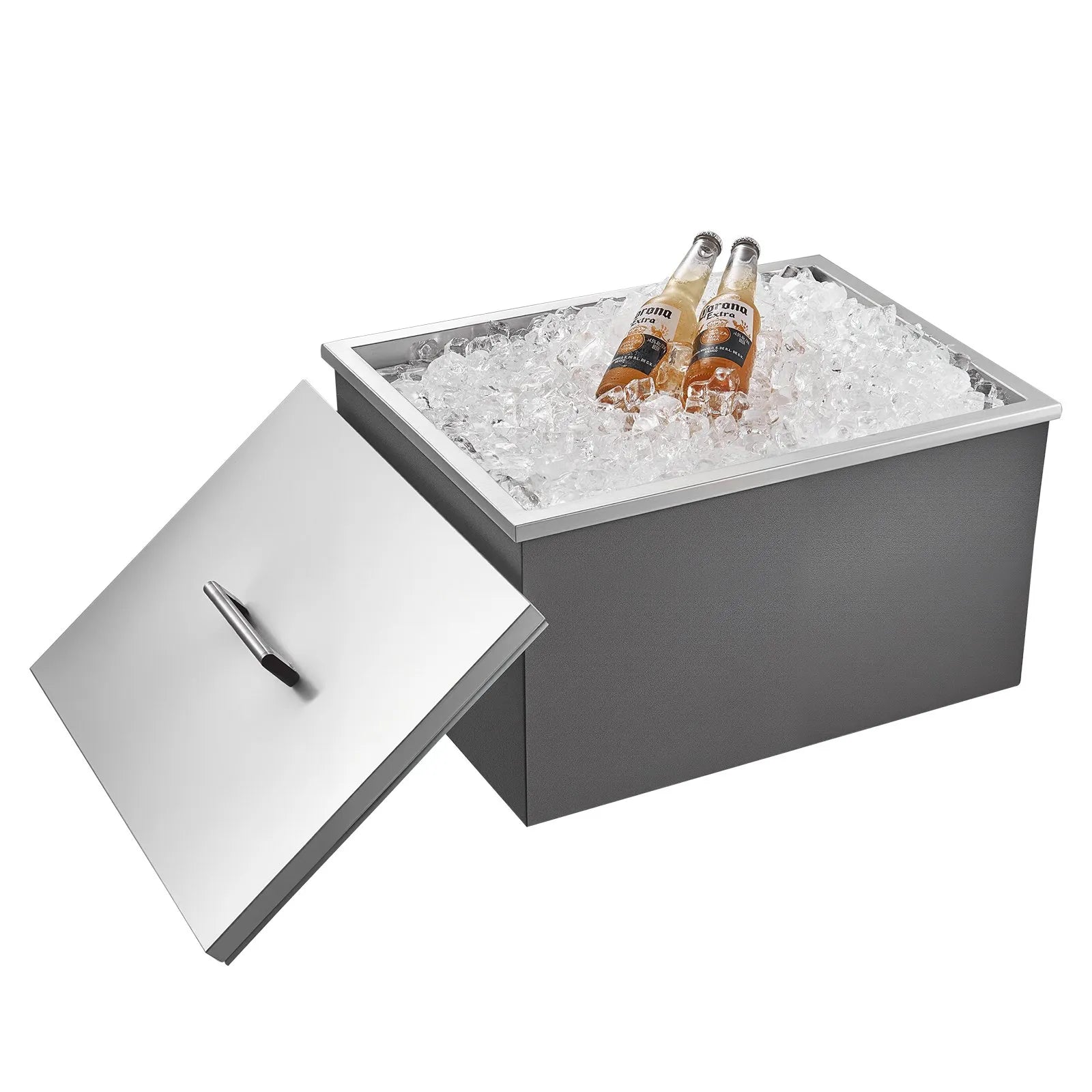 VEVOR Drop in Ice Chest, 22"L x 17"W x 12"H Stainless Steel Drop in Cooler, 45.3 Quart Commercial Ice Bin with Pot Lid for Outdoor Kitchen Patio Bar, Drain-pipe Set Included, for Cold Wine Beer