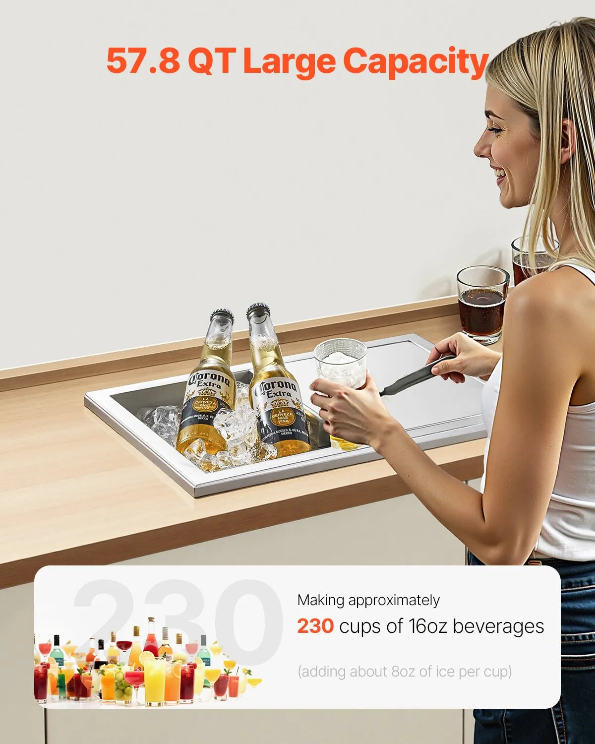 VEVOR Drop in Ice Chest, 24"L x 18"W x 13"H Stainless Steel Drop in Cooler, 57.8 Quart Commercial Ice Bin with Sliding Lid for Outdoor Kitchen Patio Bar, Drain-pipe Set Included, for Cold Wine Beer