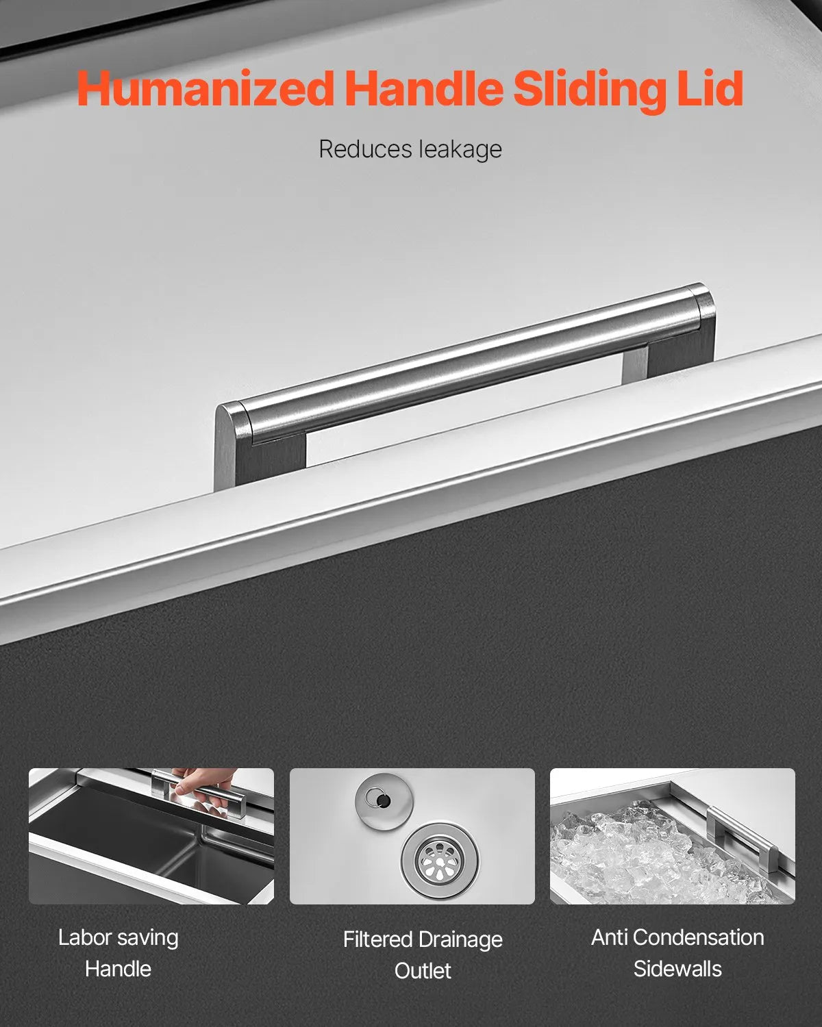 VEVOR Drop in Ice Chest, 24"L x 18"W x 13"H Stainless Steel Drop in Cooler, 57.8 Quart Commercial Ice Bin with Sliding Lid for Outdoor Kitchen Patio Bar, Drain-pipe Set Included, for Cold Wine Beer