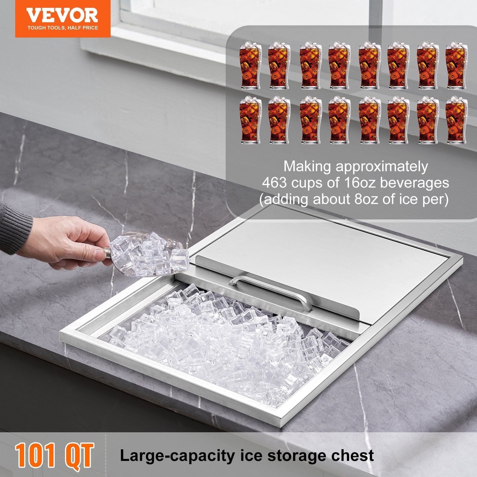 VEVOR Drop in Ice Chest, 27"L x 18"W x 21"H Stainless Steel Ice Cooler, Commercial Ice Bin with Sliding Cover, 40.9 qt Outdoor Kitchen Ice Bar, Drain-pipe and Drain Plug Included, for Cold Wine Beer