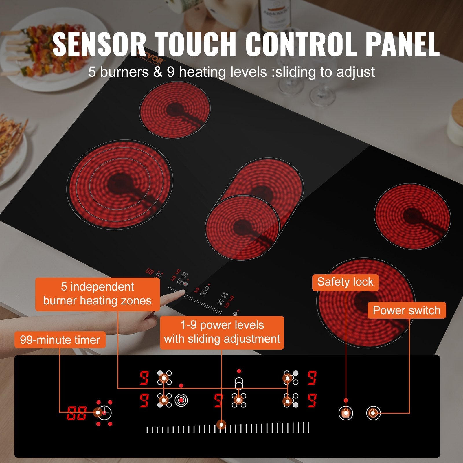 VEVOR Built-in Electric Cooktop Radiant Ceramic Cooktop 5 Burners 35.4x20.5 inch