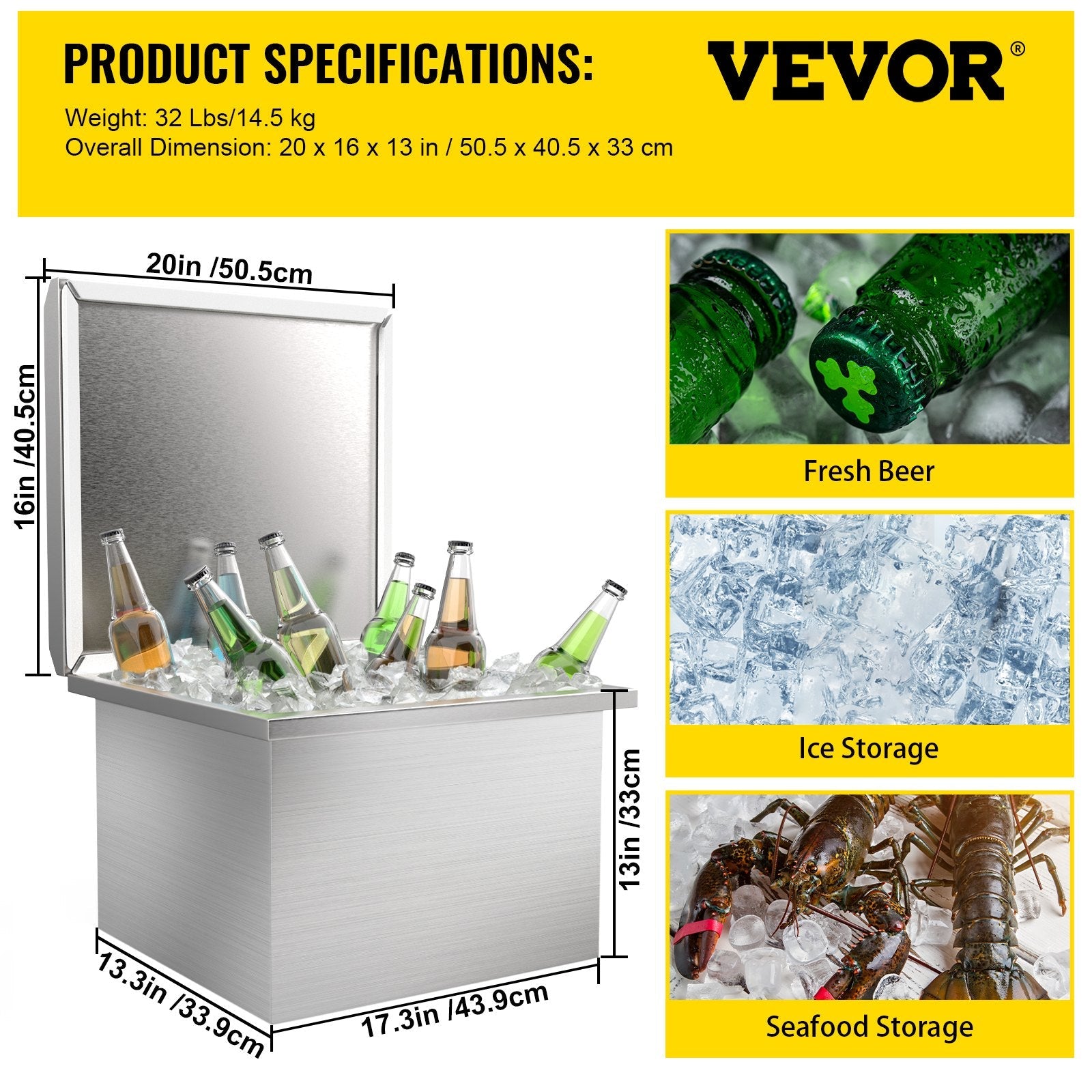 VEVOR Drop in Ice Bin Chest 20x16 inch Drop in Cooler Stainless Steel Outdoor Drop in Ice Chest with Cover Bar Ice Bin 40.9 qt Drop in Wine Drops Drain-Pipe and Drain Plug Included for Cold Wine Beer