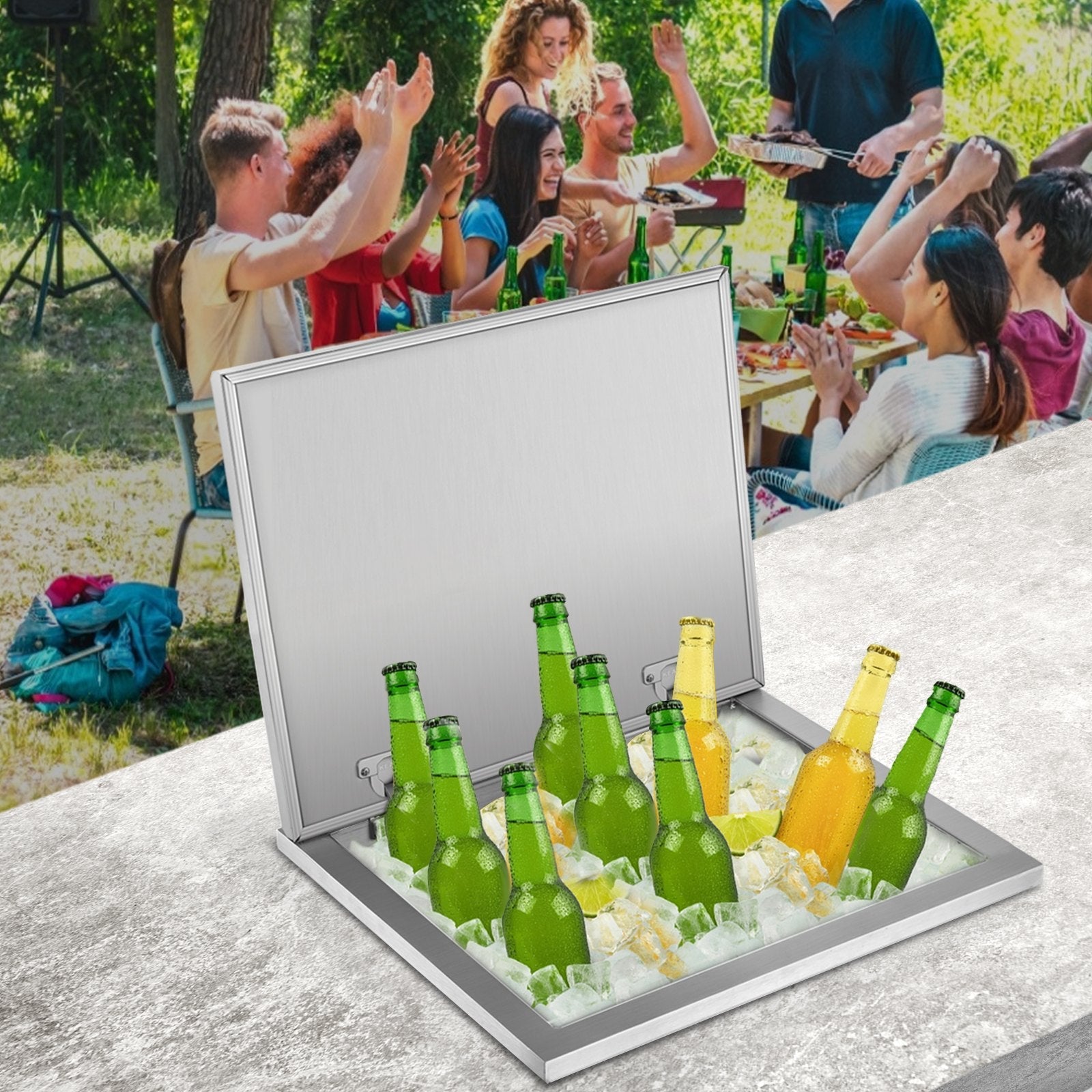 VEVOR Drop in Ice Bin Chest 20x16 inch Drop in Cooler Stainless Steel Outdoor Drop in Ice Chest with Cover Bar Ice Bin 40.9 qt Drop in Wine Drops Drain-Pipe and Drain Plug Included for Cold Wine Beer