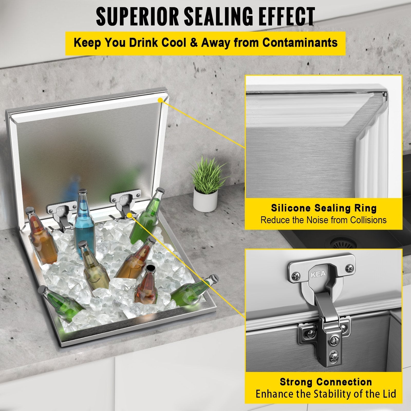 VEVOR Drop in Ice Bin Chest 20x18 inch Drop in Cooler Stainless Steel Outdoor Drop in Ice Chest with Cover Bar Ice Bin 45.4 qt Drop in Wine Drops Drain-pipe and Drain Plug Included for Cold Wine Beer