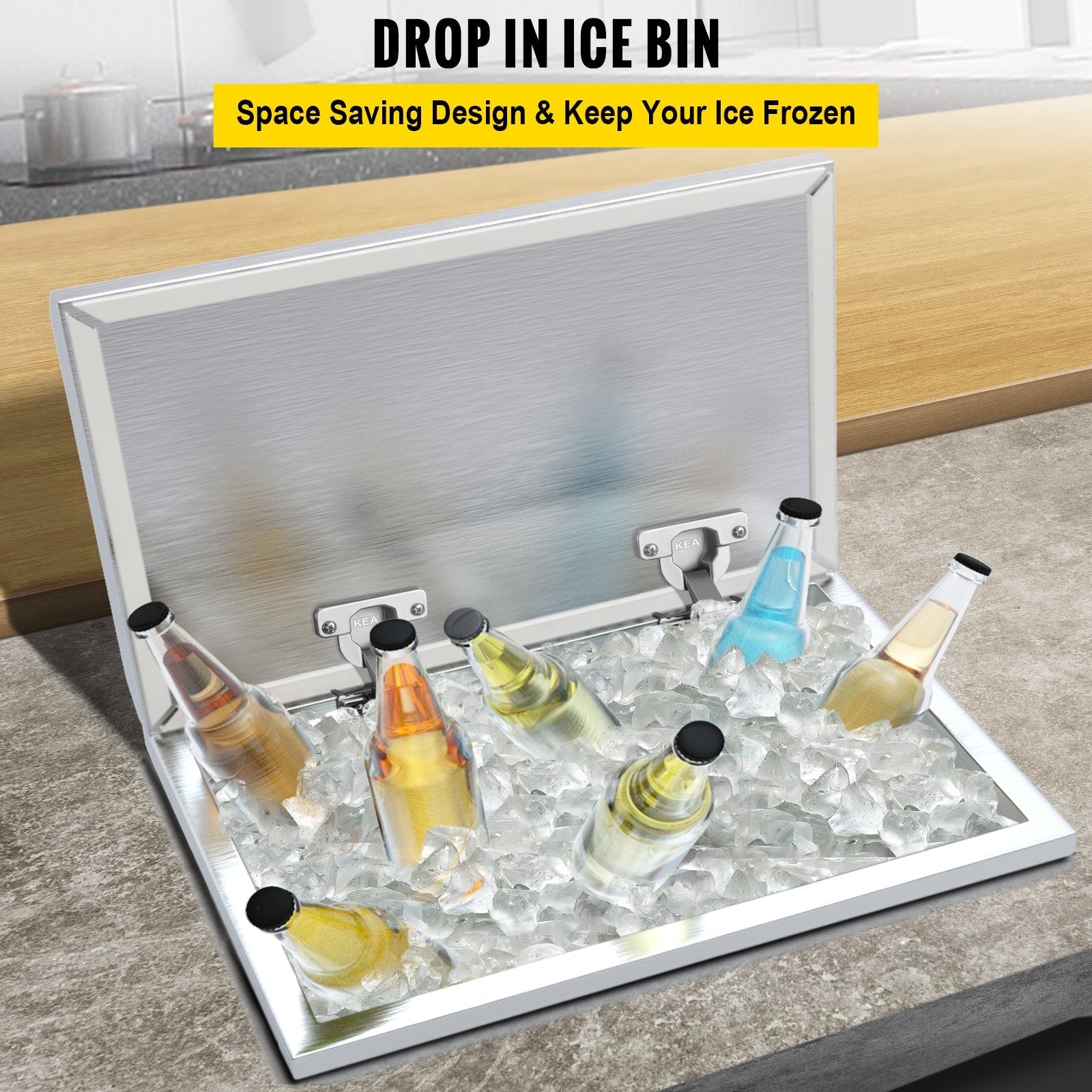 VEVOR Drop in Ice Bin Chest 28x14 inch Drop in Cooler Stainless Steel Outdoor Drop in Ice Chest with Cover Bar Ice Bin 65.4 qt Drop in Wine Drops Drain-Pipe and Drain Plug Included for Cold Wine Beer