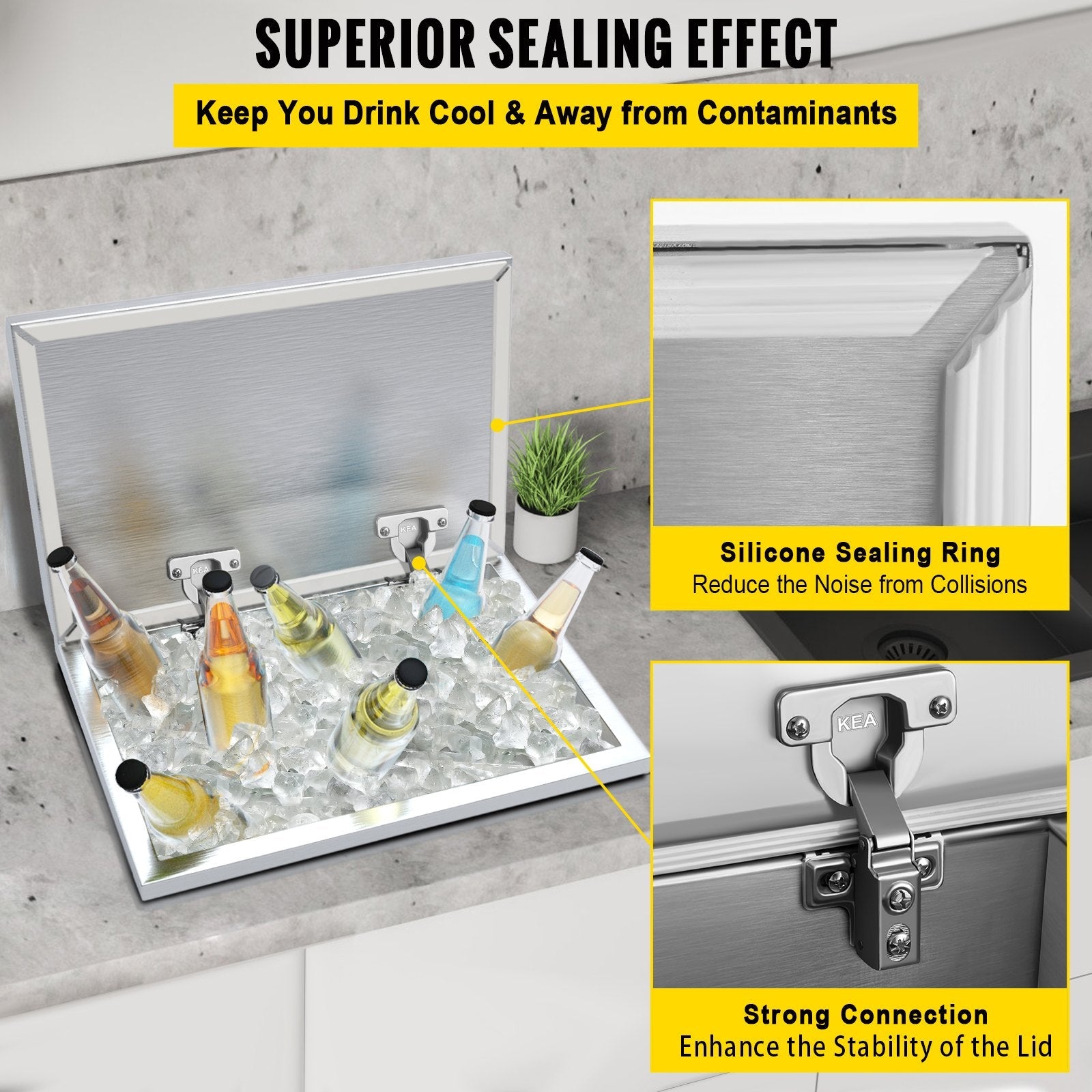 VEVOR Drop in Ice Bin Chest 28x16 inch Drop in Cooler Stainless Steel Outdoor Drop in Ice Chest with Cover Bar Ice Bin 76.3 qt Drop in Wine Drops Drain-Pipe and Drain Plug Included for Cold Wine Beer