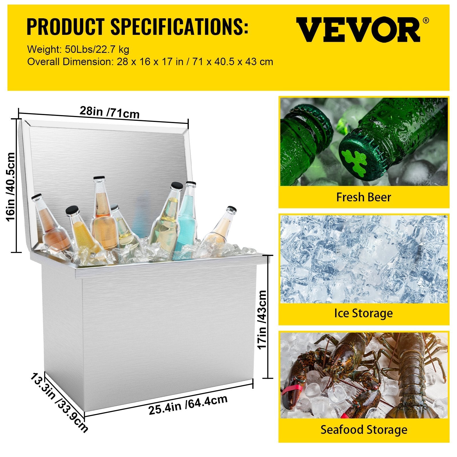 VEVOR Drop in Ice Bin Chest 28x16 inch Drop in Cooler Stainless Steel Outdoor Drop in Ice Chest with Cover Bar Ice Bin 76.3 qt Drop in Wine Drops Drain-Pipe and Drain Plug Included for Cold Wine Beer