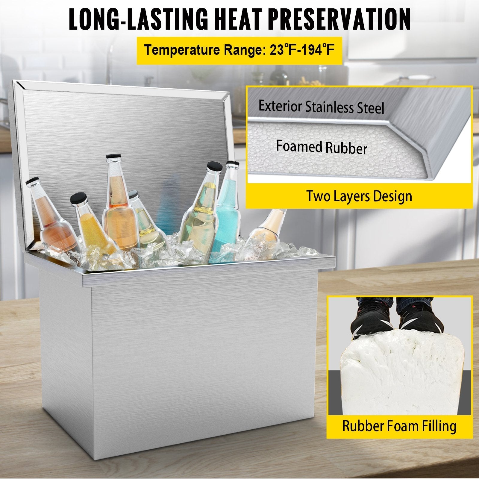 VEVOR Drop in Ice Bin Chest 28x18 inch Drop in Cooler Stainless Steel Outdoor Drop in Ice Chest with Cover Bar Ice Bin 87.2 qt Drop in Wine Drops Drain-Pipe and Drain Plug Included for Cold Wine Beer