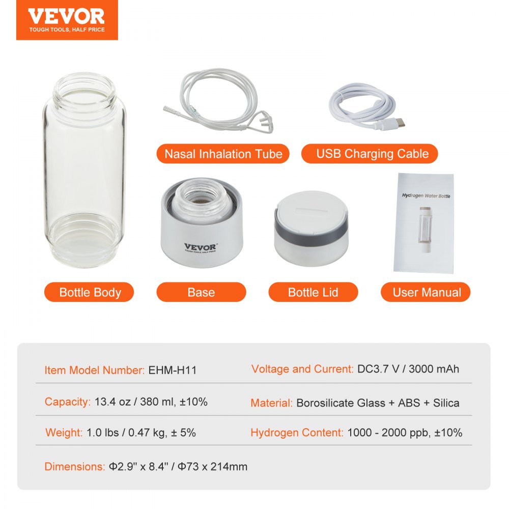 VEVOR Hydrogen Water Bottle Generator, 380 ml / 13.4 oz Capacity Portable Hydrogen Water Maker, SPE Technology Hydrogen Rich Water Ionizer Machine with Nasal Inhalation Tube and Self-Cleaning