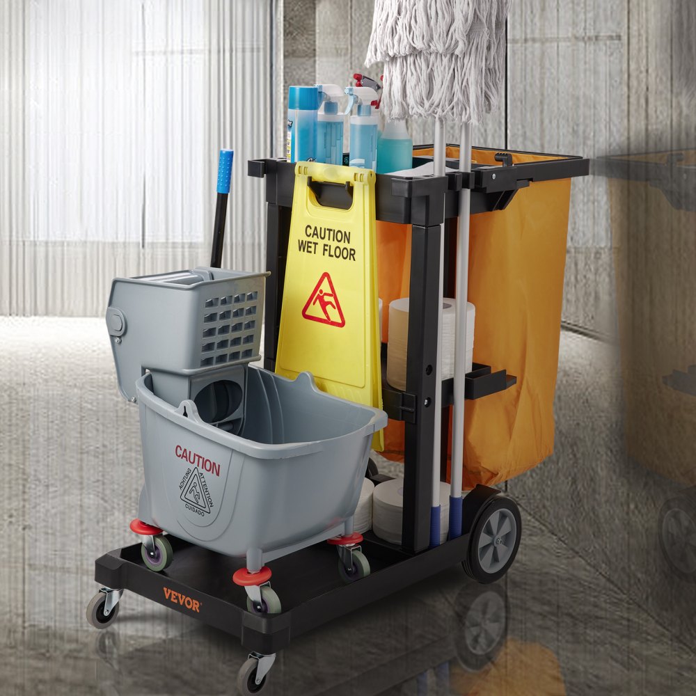 VEVOR Cleaning Cart, 3-Shelf Commercial Janitorial Cart, 200 lbs Capacity Plastic Housekeeping Cart, with 25 Gallon PVC Bag, 47" x 20" x 38.6", Yellow+Black
