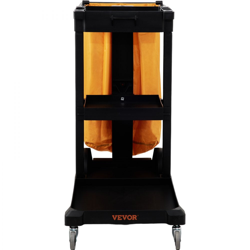 VEVOR Cleaning Cart, 3-Shelf Commercial Janitorial Cart, 200 lbs Capacity Plastic Housekeeping Cart, with 25 Gallon PVC Bag, 47" x 20" x 38.6", Yellow+Black