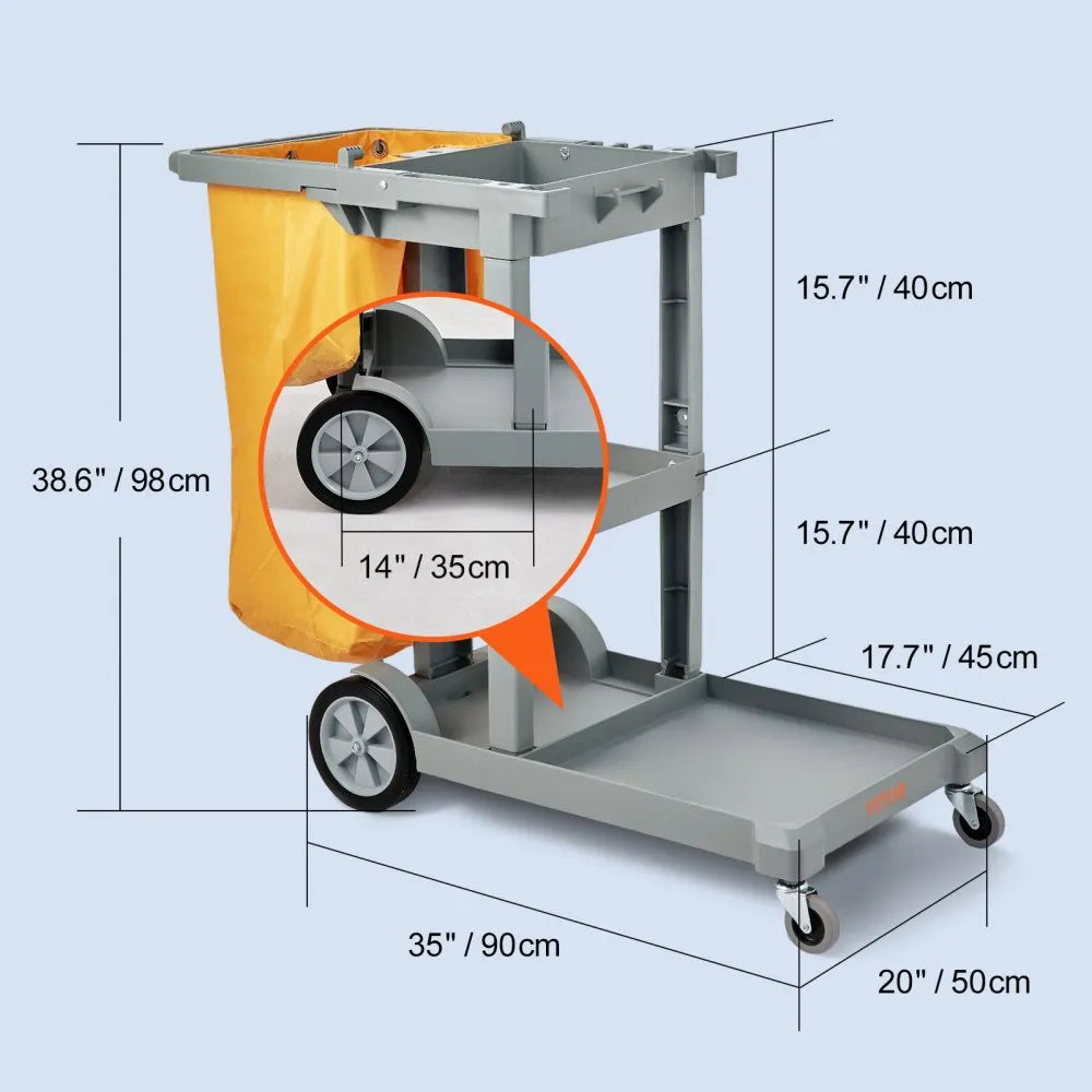 VEVOR Cleaning Cart, 3-Shelf Commercial Janitorial Cart, 200 lbs Capacity Plastic Housekeeping Cart, with 25 Gallon PVC Bag, 47" x 20" x 38.6", Yellow+Grey