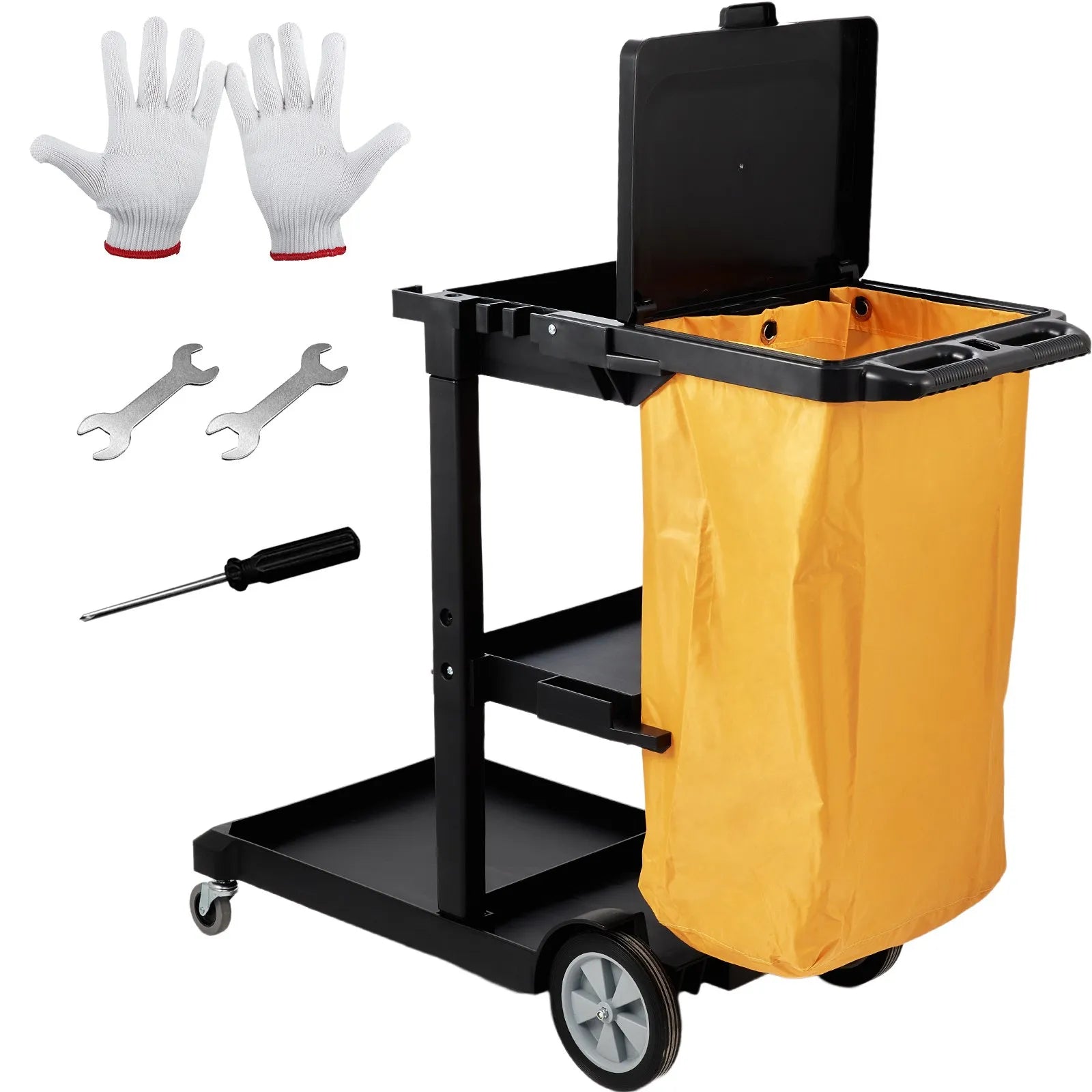 VEVOR Cleaning Cart, 3-Shelf Commerical Janitorial Cart, 200 lbs Capacity Plastic Housekeeping Cart, with 25 Gallon PVC Bag and Cover, 47" x 20" x 38.6", Yellow+Black