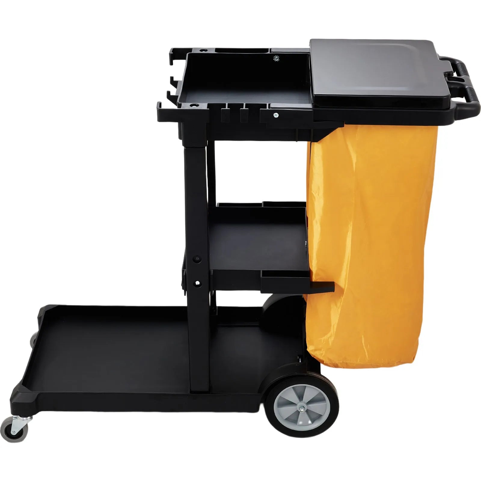 VEVOR Cleaning Cart, 3-Shelf Commerical Janitorial Cart, 200 lbs Capacity Plastic Housekeeping Cart, with 25 Gallon PVC Bag and Cover, 47" x 20" x 38.6", Yellow+Black