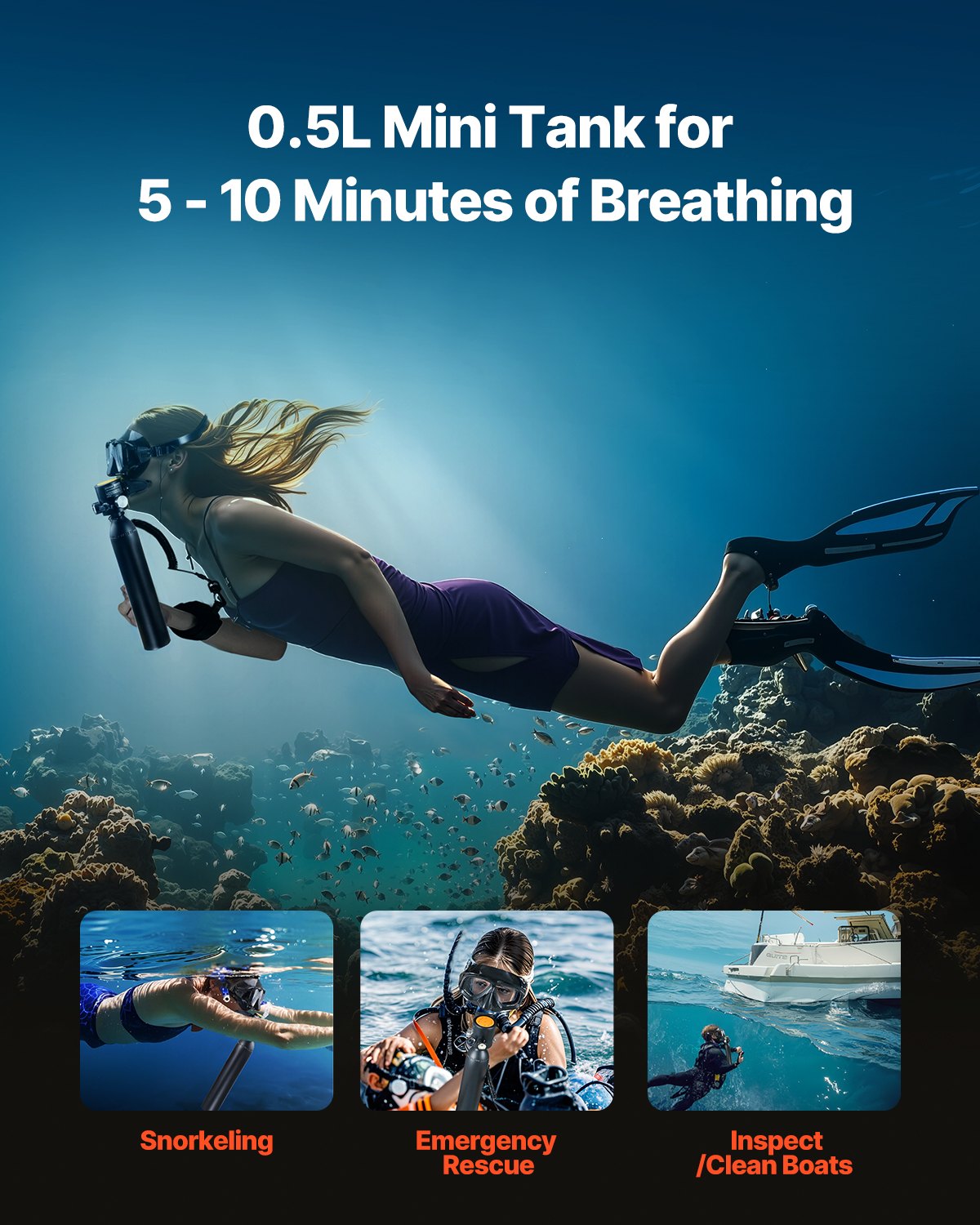 VEVOR 0.5L Scuba Tank 98.43 ft Diving Depth Lung Tank with Pump for Exploration