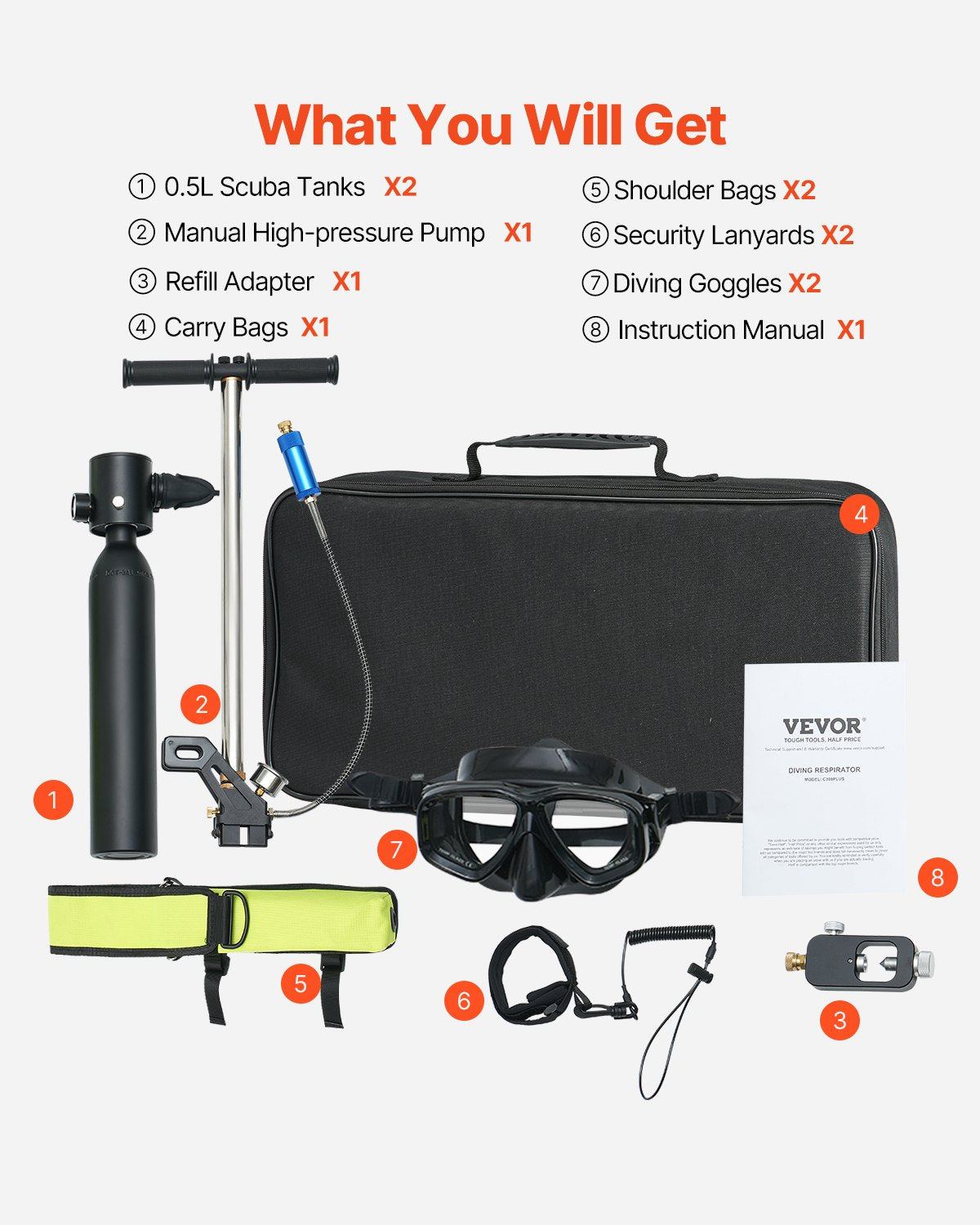 VEVOR 0.5L Scuba Tank 98.43 ft Diving Depth Lung Tank with Pump for Exploration