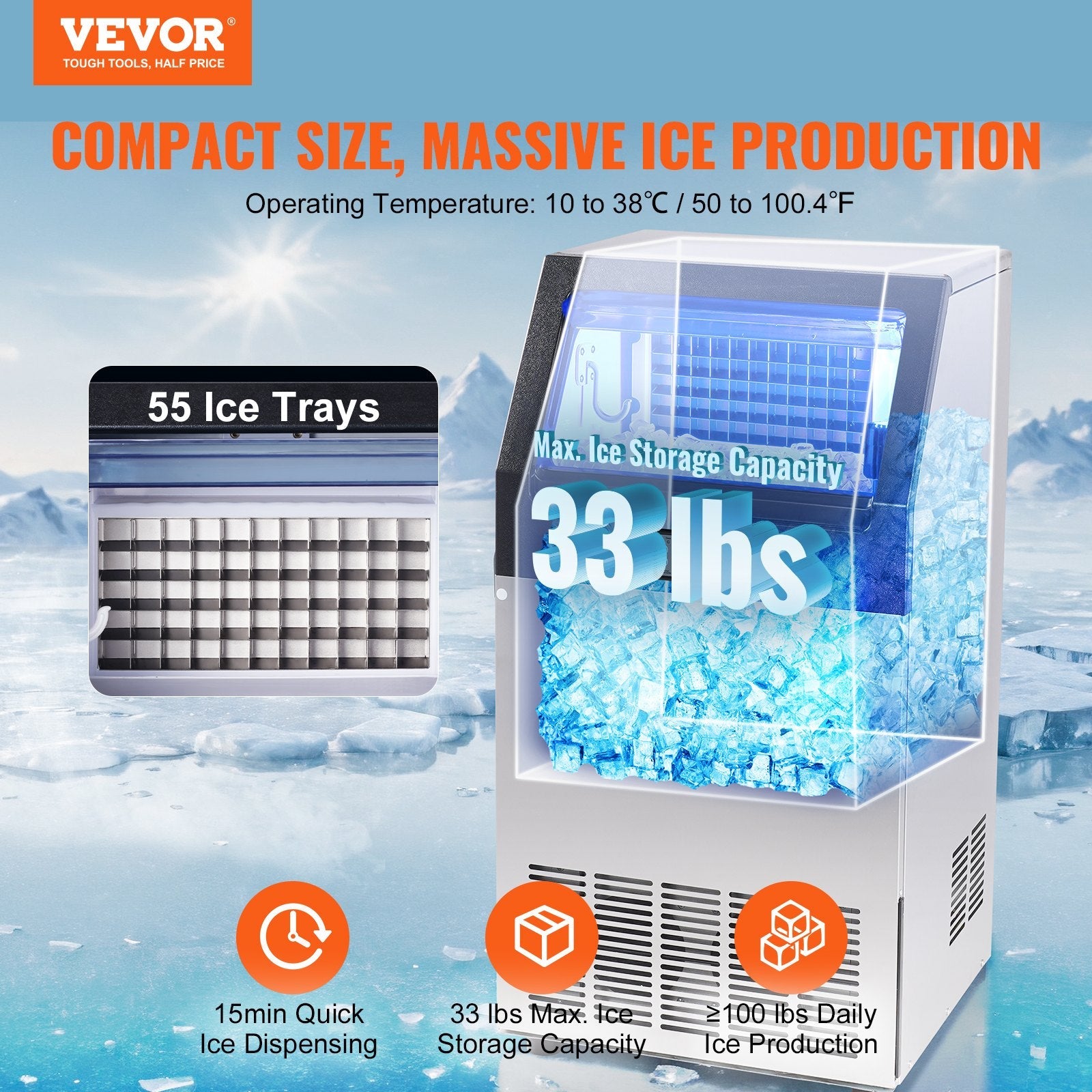 VEVOR Commercial Ice Maker, 100lbs/24H, Ice Maker Machine, 55 Ice Cubes in 12-15 Minutes, Freestanding Cabinet Ice Maker with 33lbs Storage Capacity LED Digital Display, for Bar Home Office Restaurant