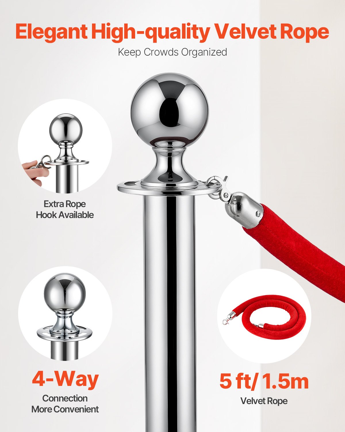 VEVOR 8 Pcs Silver Stanchion Post 4 Red Velvet Ropes Sand Injection Hollow Base
