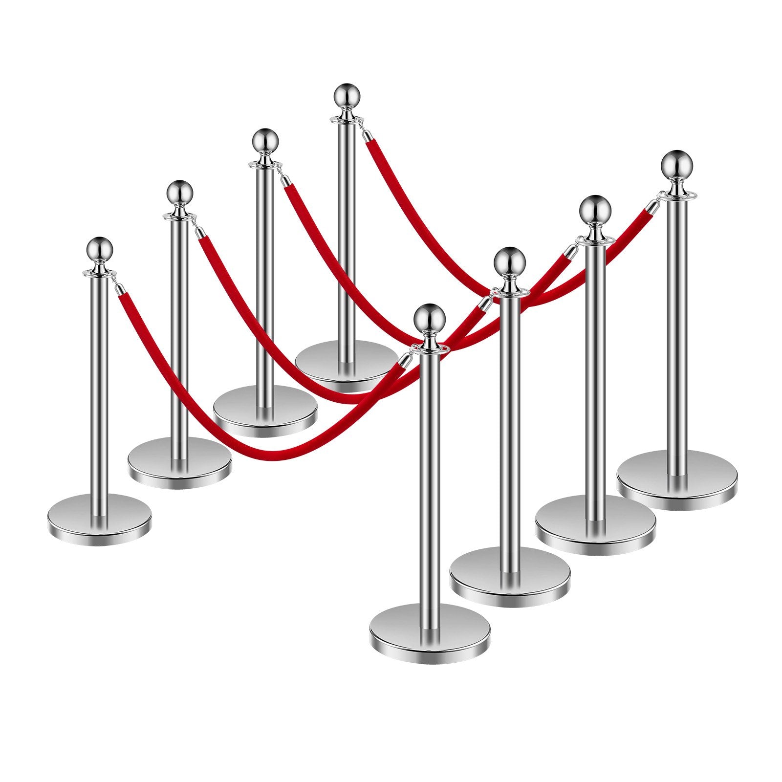 VEVOR 8 Pcs Silver Stanchion Post 4 Red Velvet Ropes Sand Injection Hollow Base