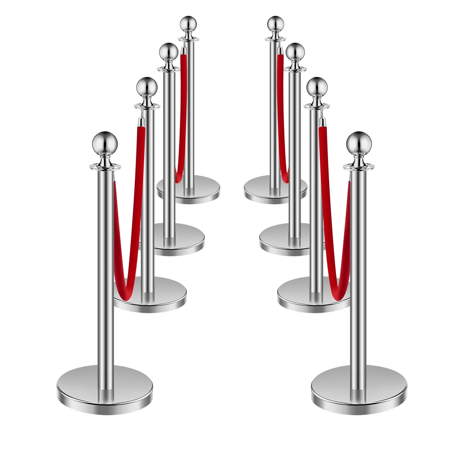 VEVOR 8 Pcs Silver Stanchion Post 4 Red Velvet Ropes Sand Injection Hollow Base