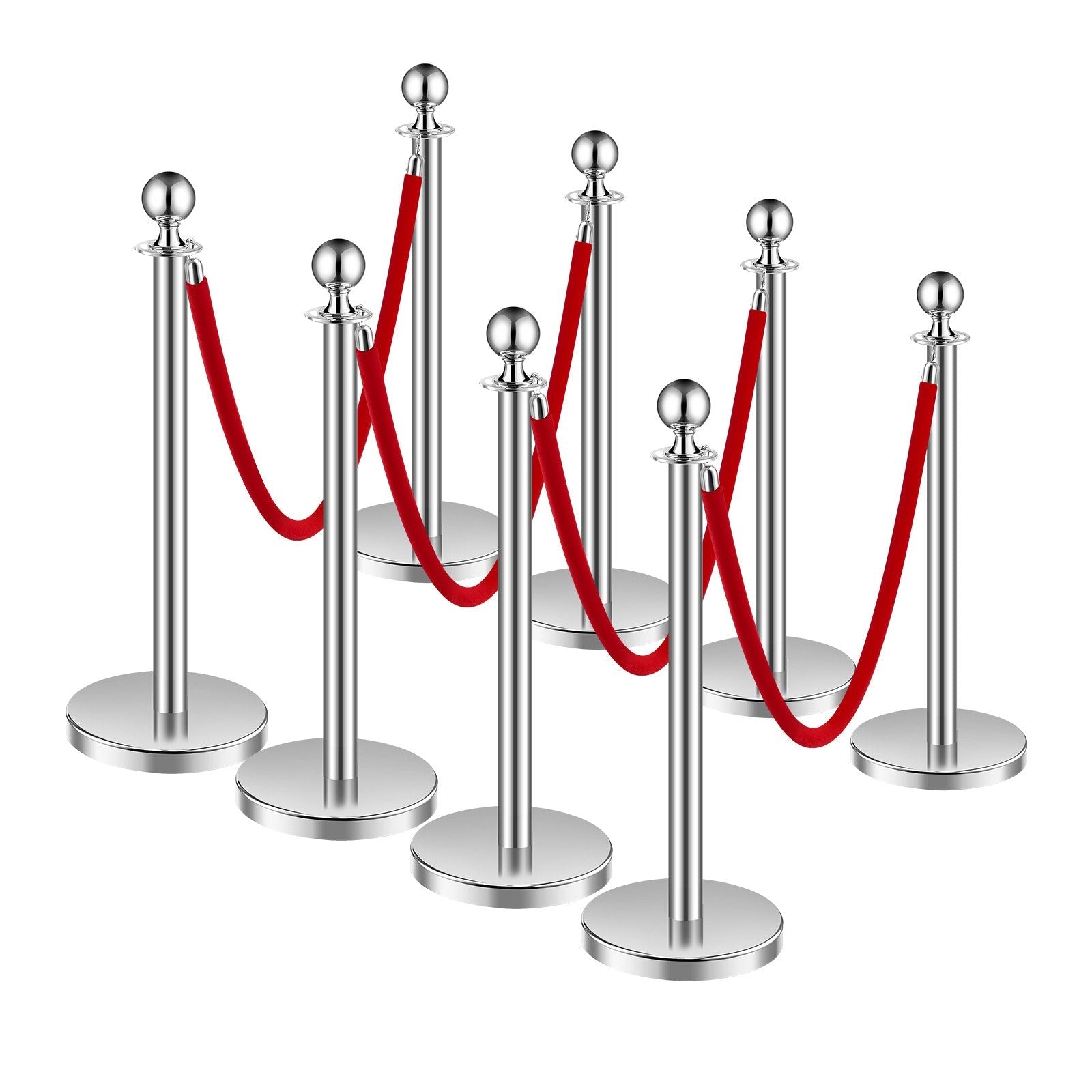 VEVOR 8 Pcs Silver Stanchion Post 4 Red Velvet Ropes Sand Injection Hollow Base