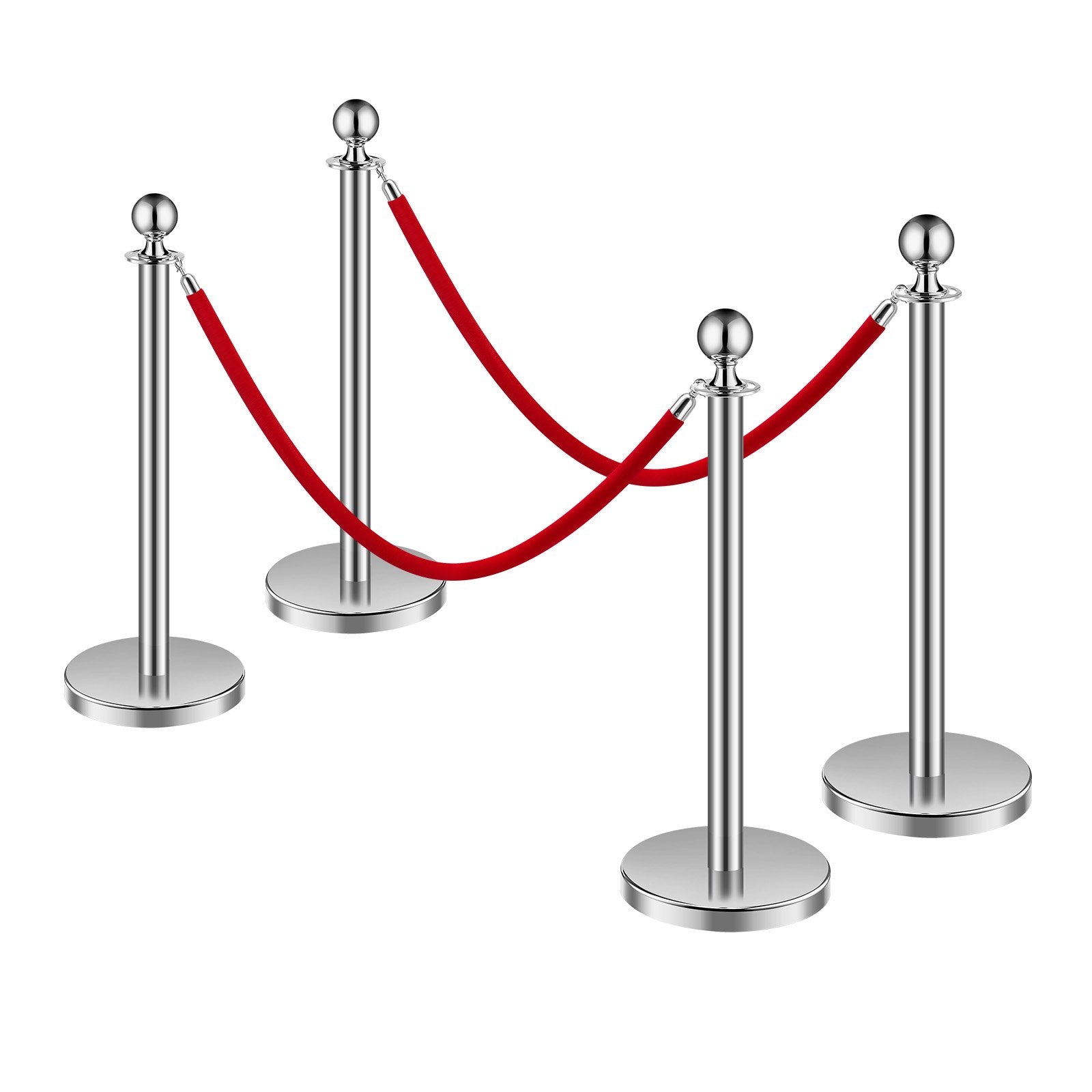 VEVOR 4 Pcs Silver Stanchion Post 2 Red Velvet Ropes Sand Injection Hollow Base